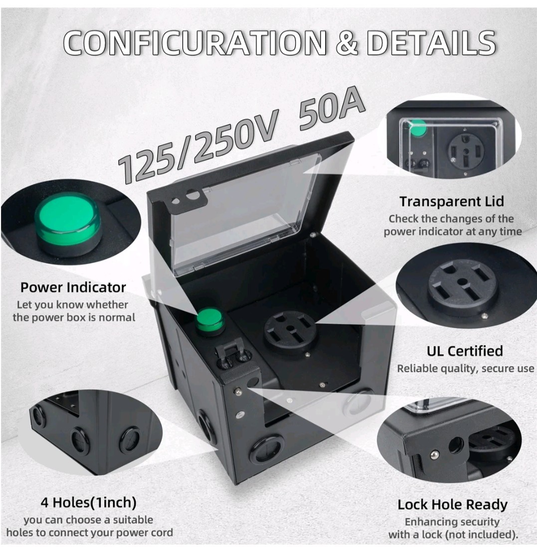 RV 50A Outlet Box, NEMA 14-50R, 125/250V, Weatherproof, With 50A Breaker