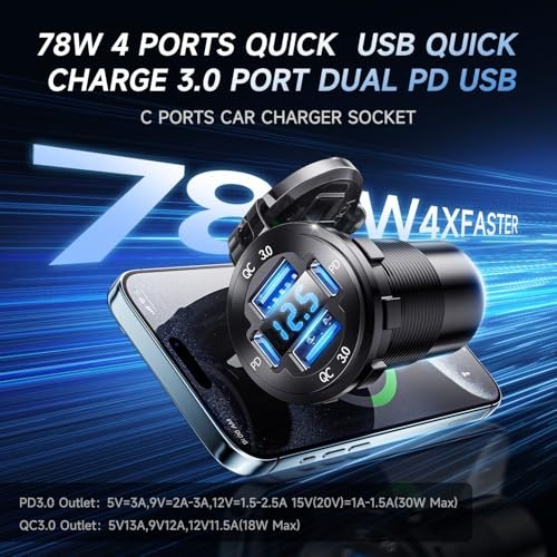 2V USB Charger with 4 Ports, Upgraded Aluminum Alloy Car Outlet with LED 1