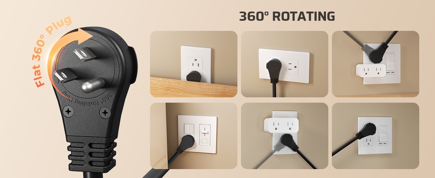 6FT Long Power Strip, 360° Rotating Flat Plug & 6 Outlets, 14/3C Thin Black