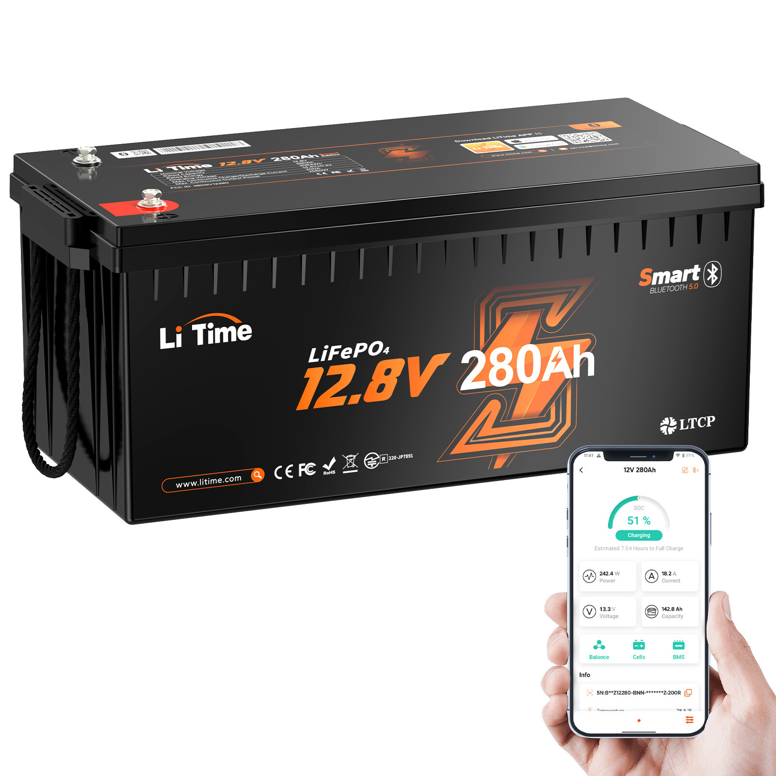 LiTime 12V 280Ah Bluetooth Low-Temp LiFePO4 Lithium Battery For RV Solar Marine