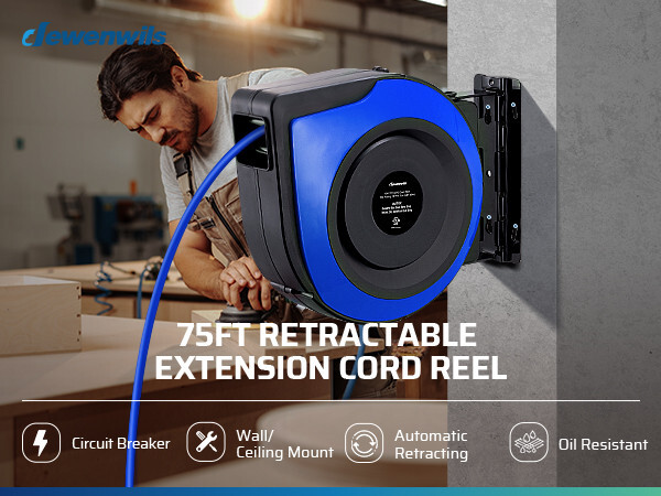DEWENWILS Retractable Extension Cord Reel 75 FT Power Cord 14/3C SJTOW 15 Amp