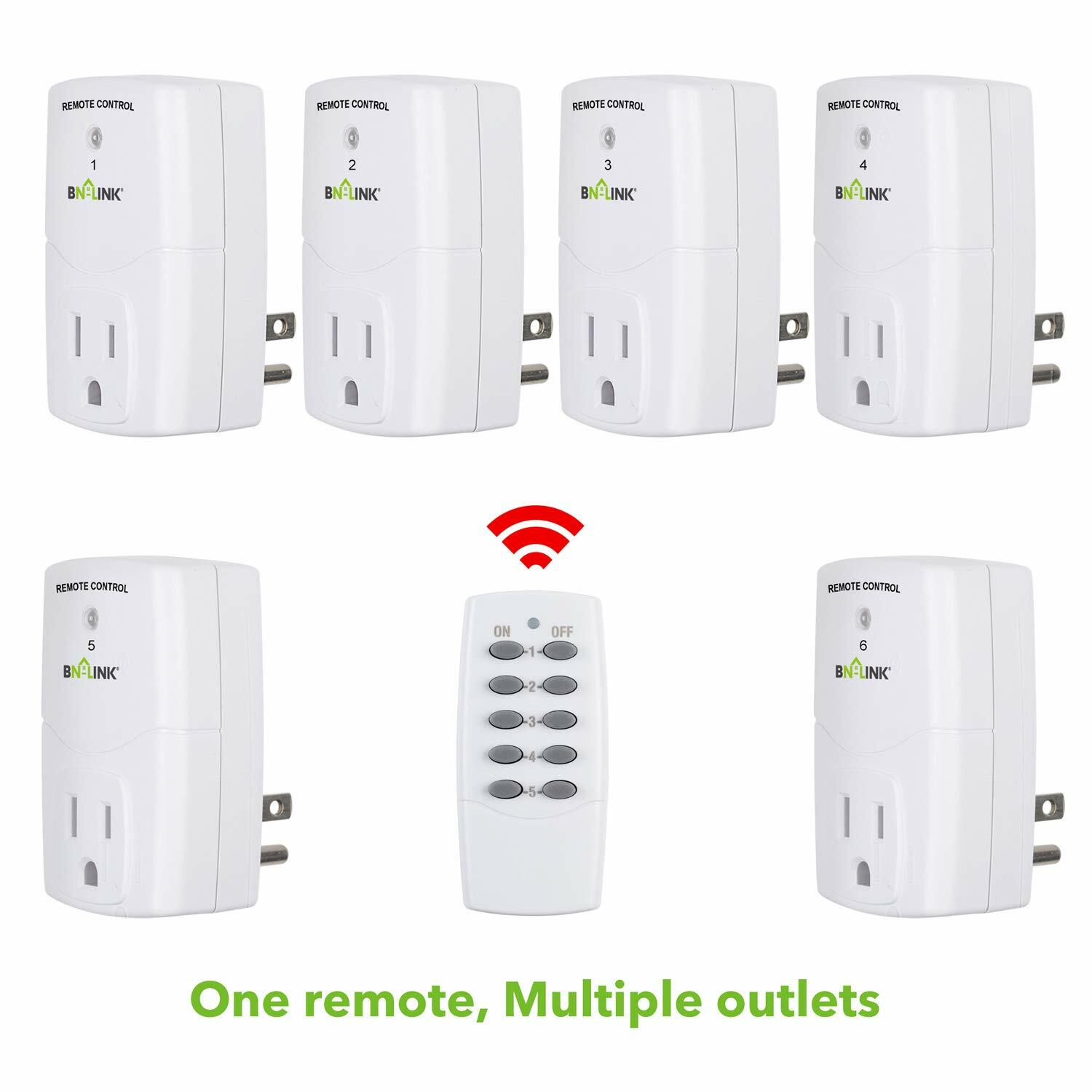 BN-LINK Indoor Wireless Remote Control Outlet Plug in with 2 Remotes +5 Sockets