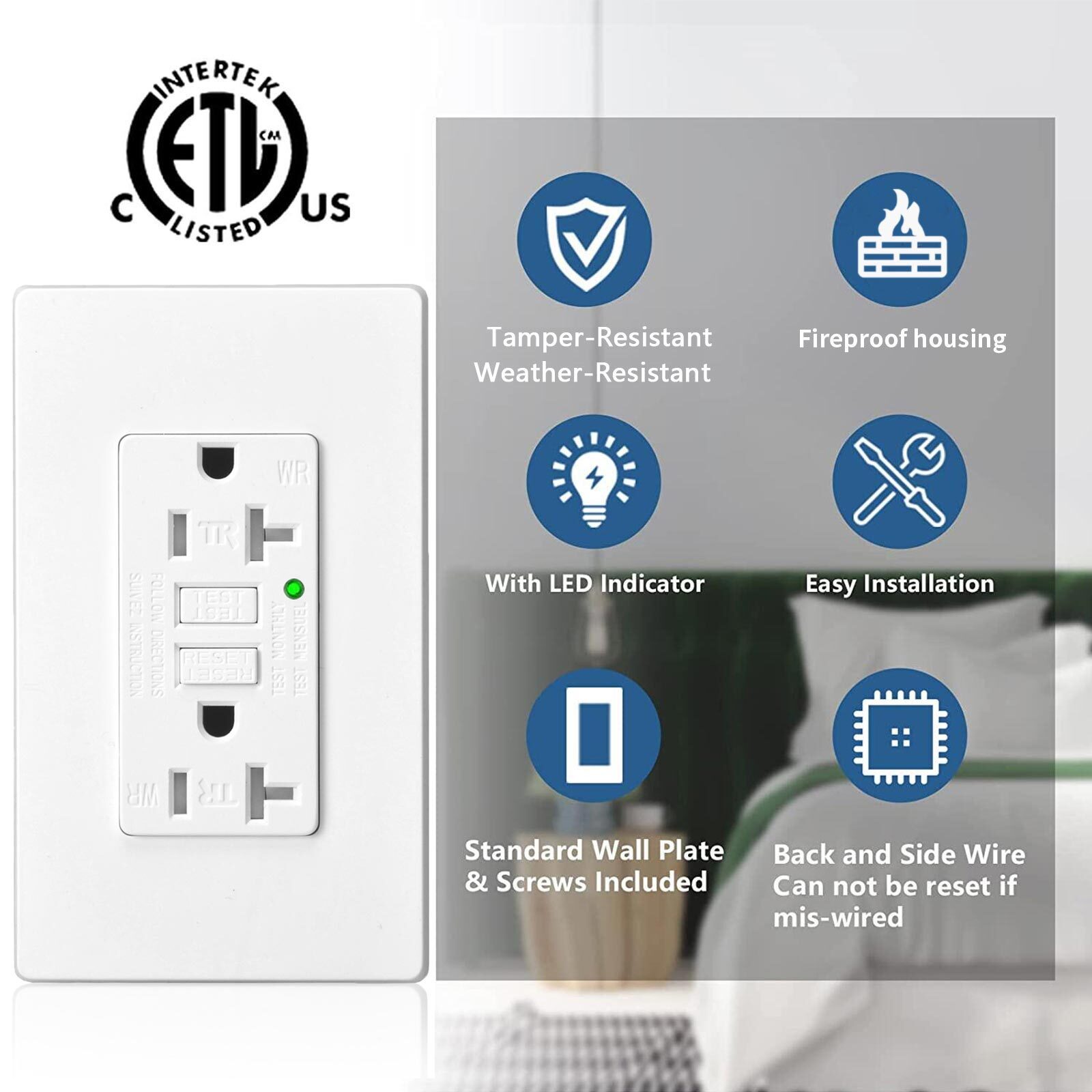 20A AMP GFCI GFI Safety Outlet Receptacle w/ Wall Plate – White Black ETL WR TR