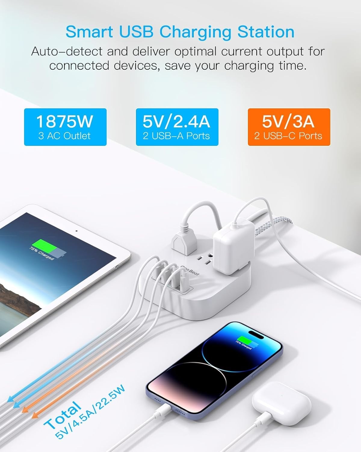 Compact USB Charging Station: 3 AC Outlets & 4 USB Ports, 22.5W Power