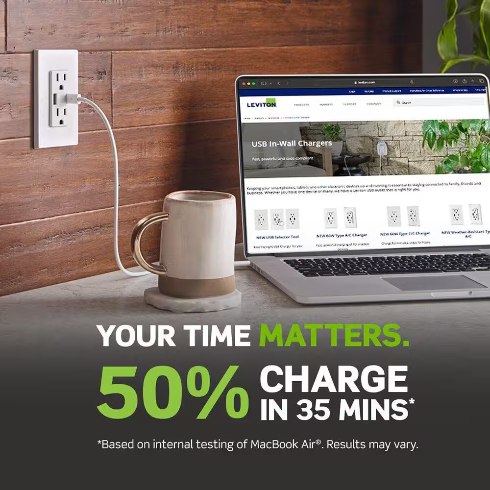 Leviton USB Wall Outlet Charger 60W USB C USB A Power Delivery Duplex Receptacle