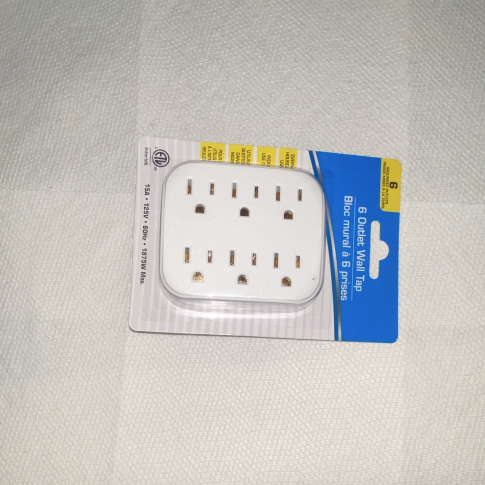 6 Outlet Wall Tap, White, Plastic, Plug Type A, 121-140V, 15A, Wall Mount