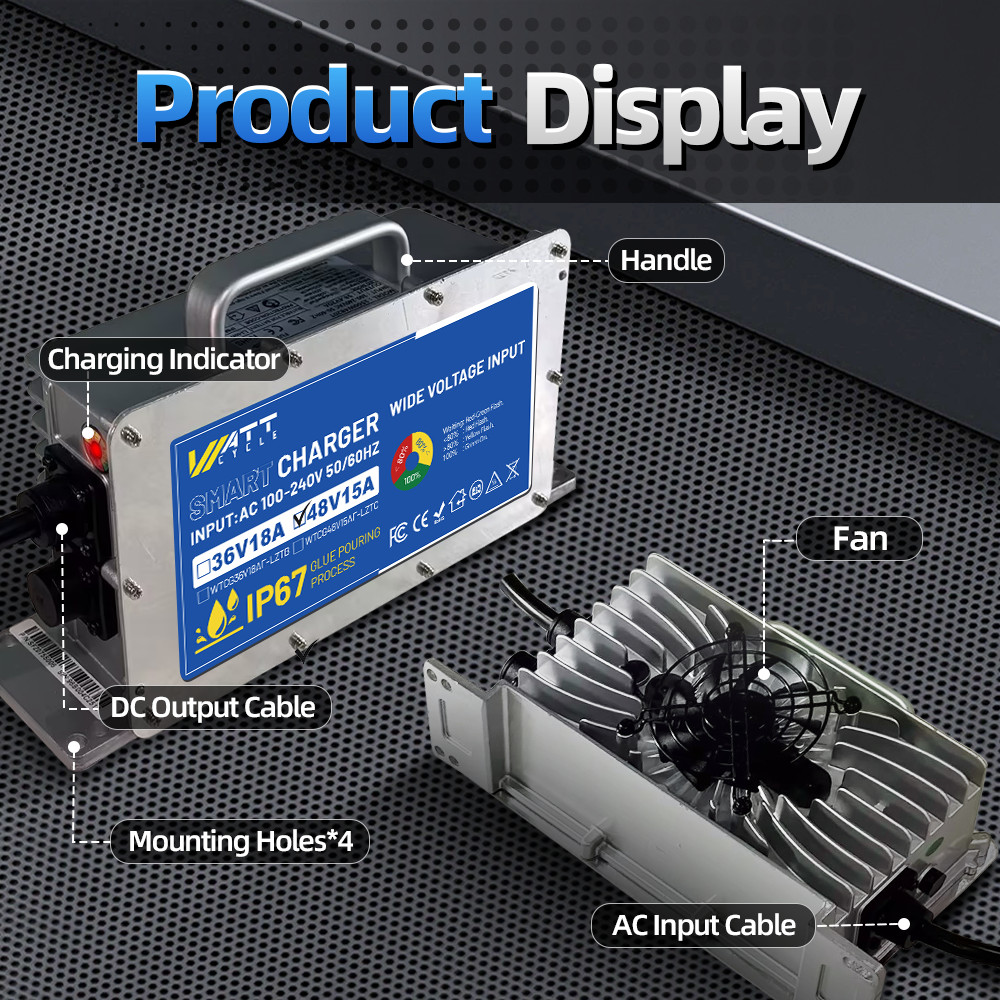 Wattcycle 48V 58.4V 15A LiFePO4 Lithium Battery Charger Aluminum Shell Golf Cart