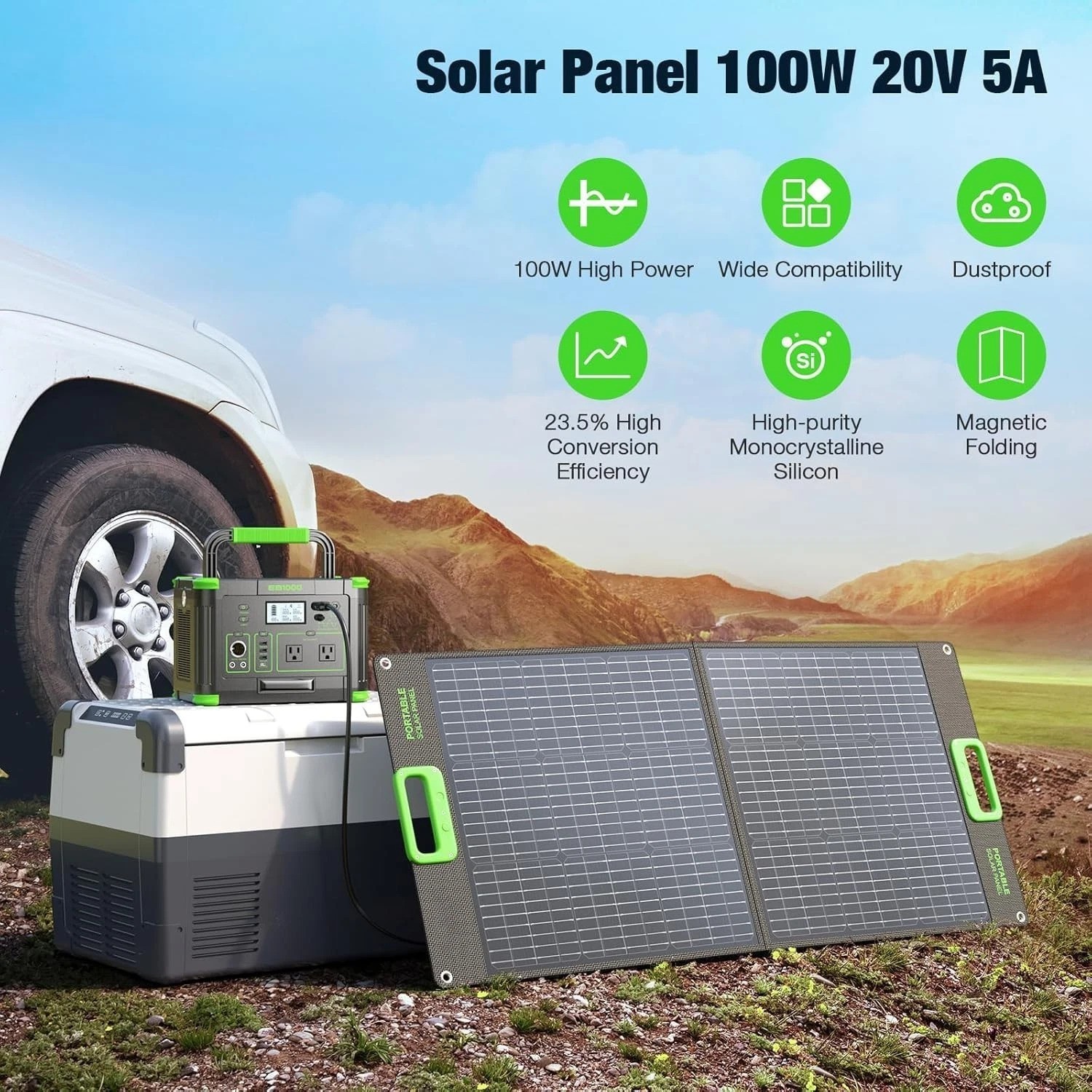 100W Portable Solar Panel for Power Station Generator, 20V Foldable Solar Cel…