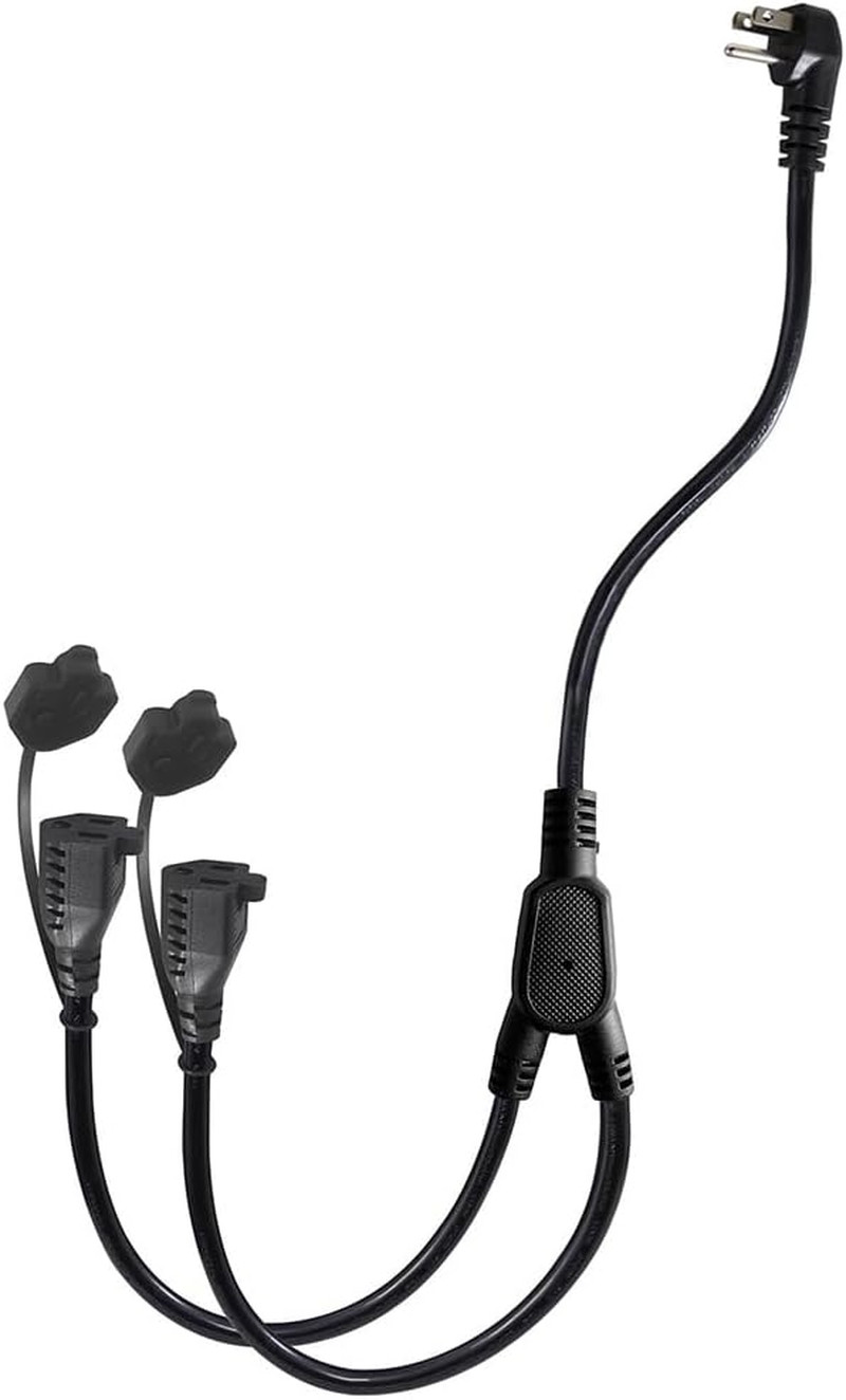 Outdoor Extension Cord Splitter, 90-Degree Flat Plug Black 2 Way Waterproof Powe