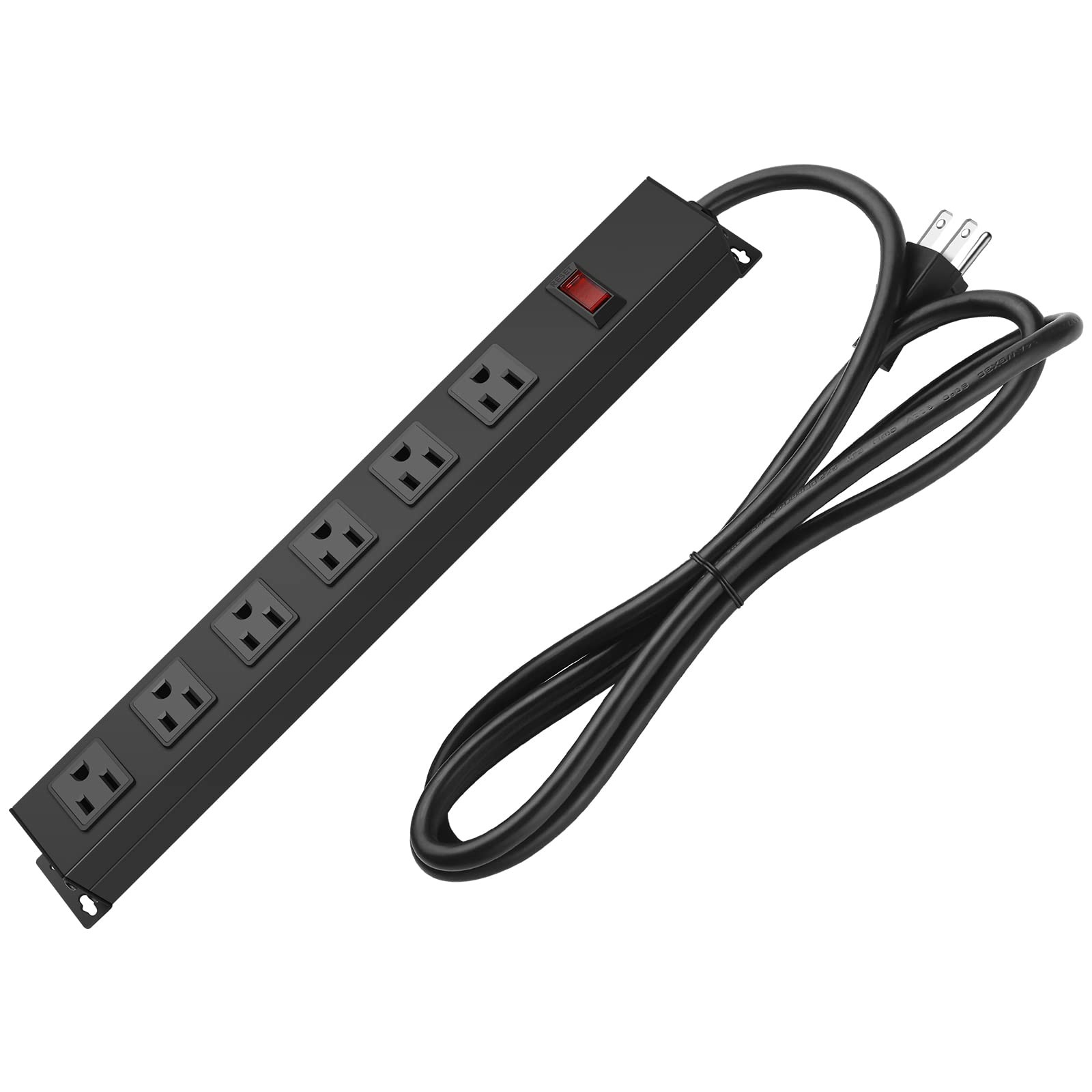 Metal Wall Mount Power Strip 6 Outlet Aluminum Alloy 6FT Cord 15A 125V Black