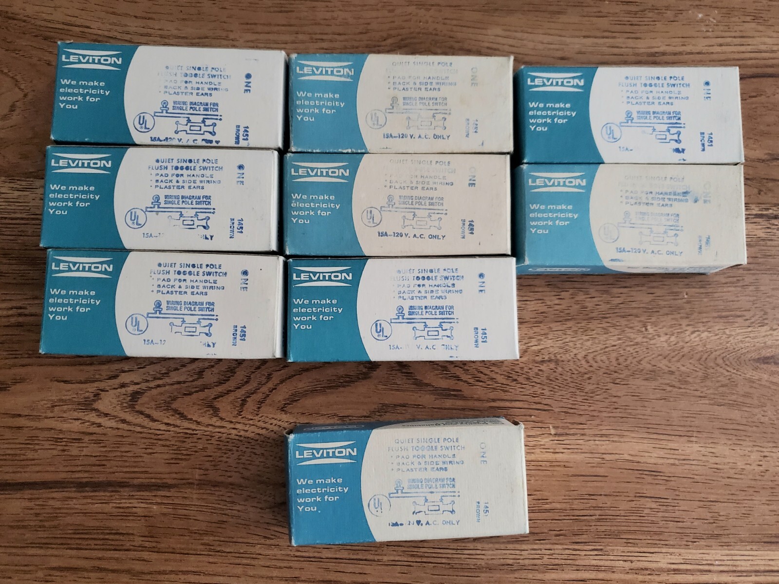 9 Leviton 1451 Brown / 1 Eagle / 1 GE Single Pole Switch 15A 120V Lot (11 Total)