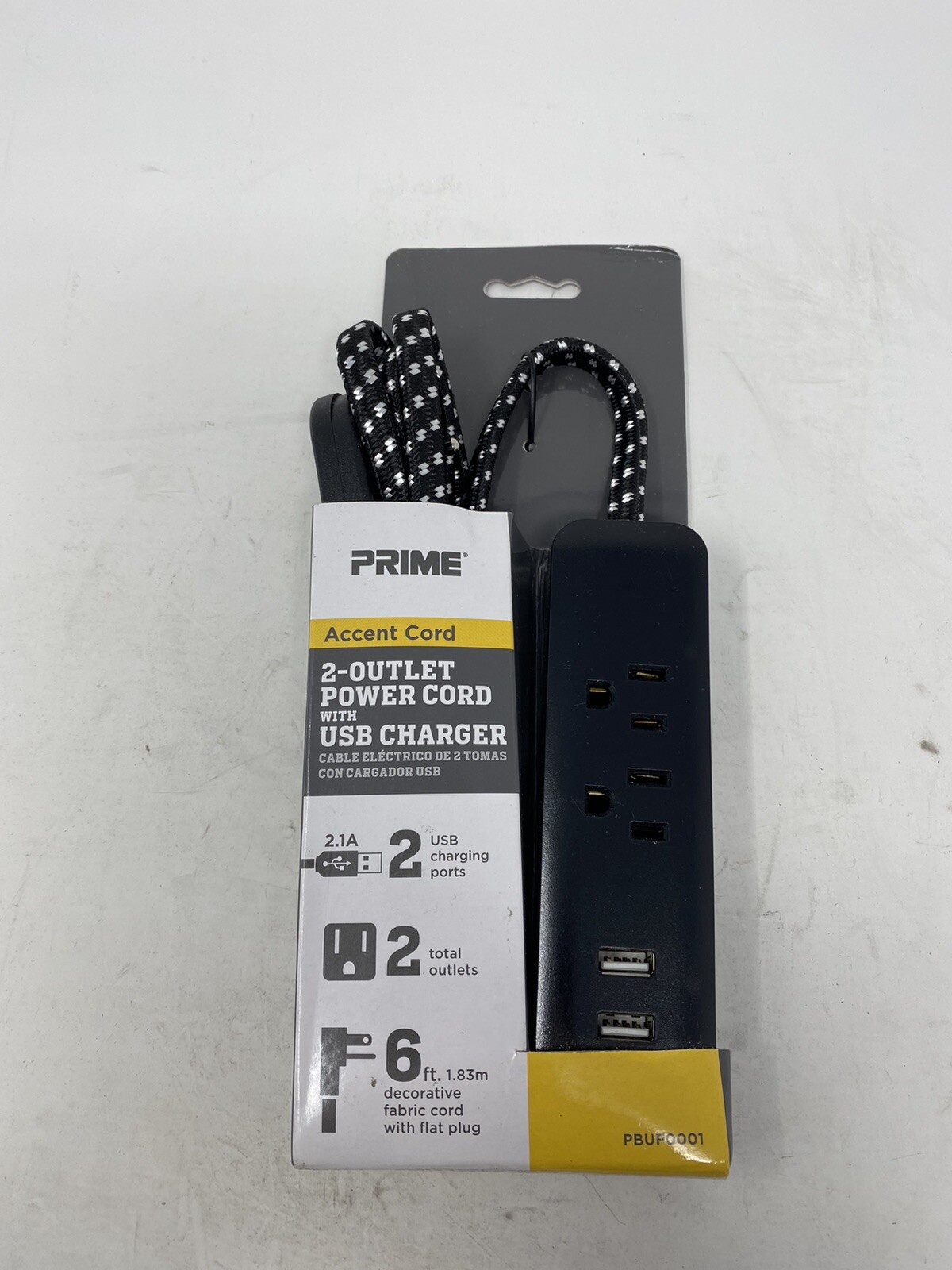 Prime #PBUF0001 6′ Black 2-Outlet & 2-Usb Fabric Accent Power Strip Cord #9774