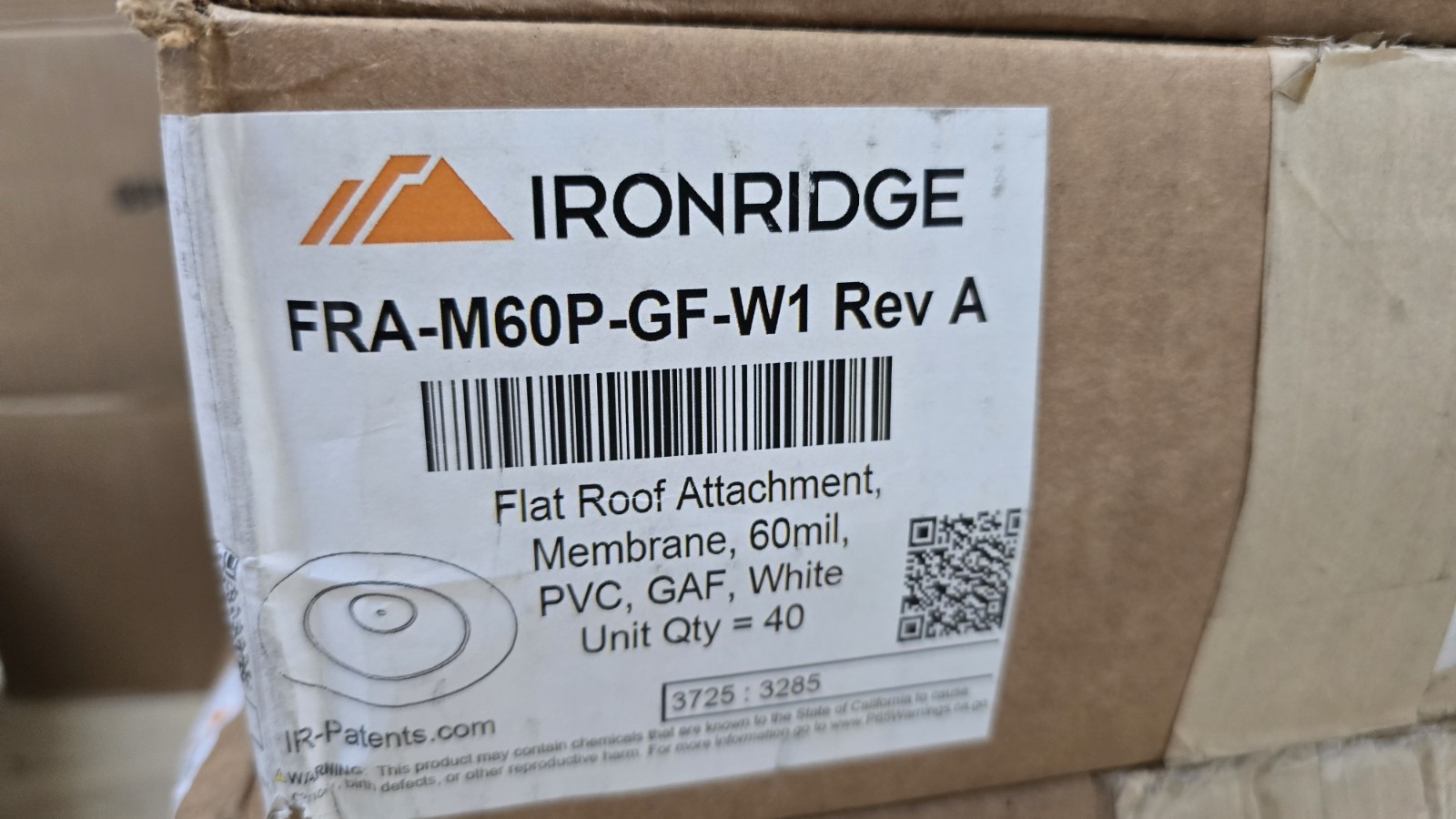 IronRidge FRA-M60P-GF-W1 Flat Roof Attachment Membrane PVC White