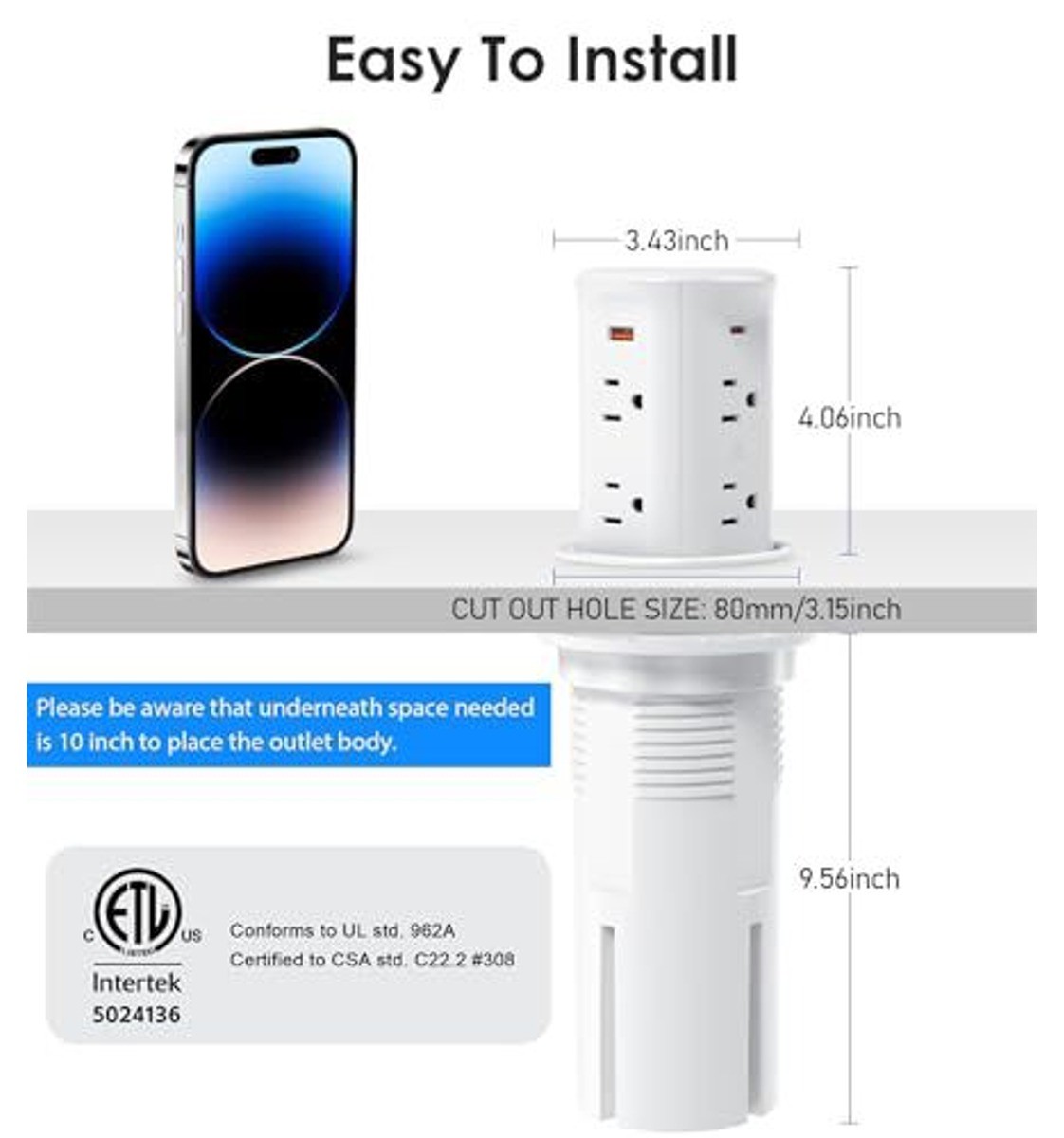 3″ Pop-Up Countertop Outlet 4 USB 15W Wireless Charger 20W PD ETL Listed White