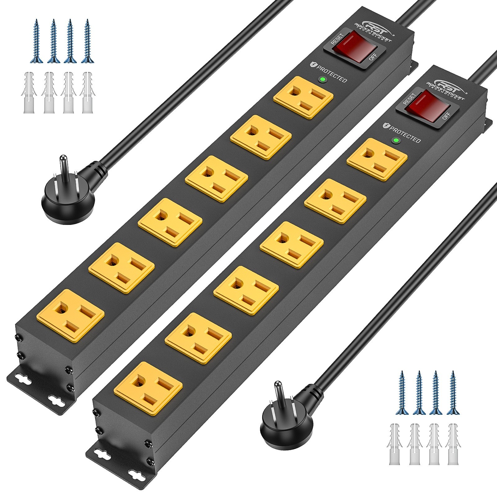 CRST 2-Pack 6-Outlet Metal Heavy Duty Power Strip With Switch,2100J/15A/1875W