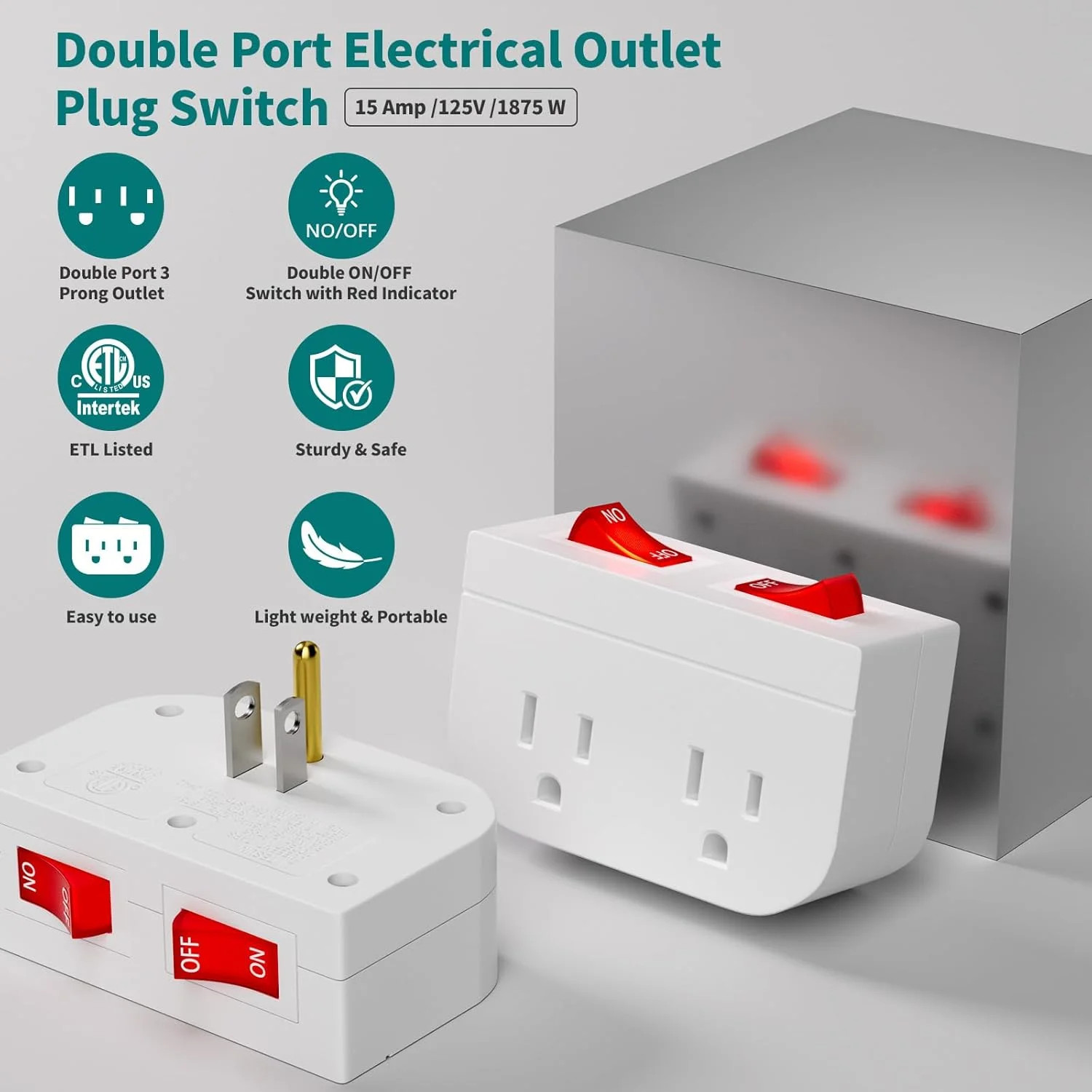 3Pack – POWAWINI Grounded Outlet with Double On Off Switch, Two Port Electrical