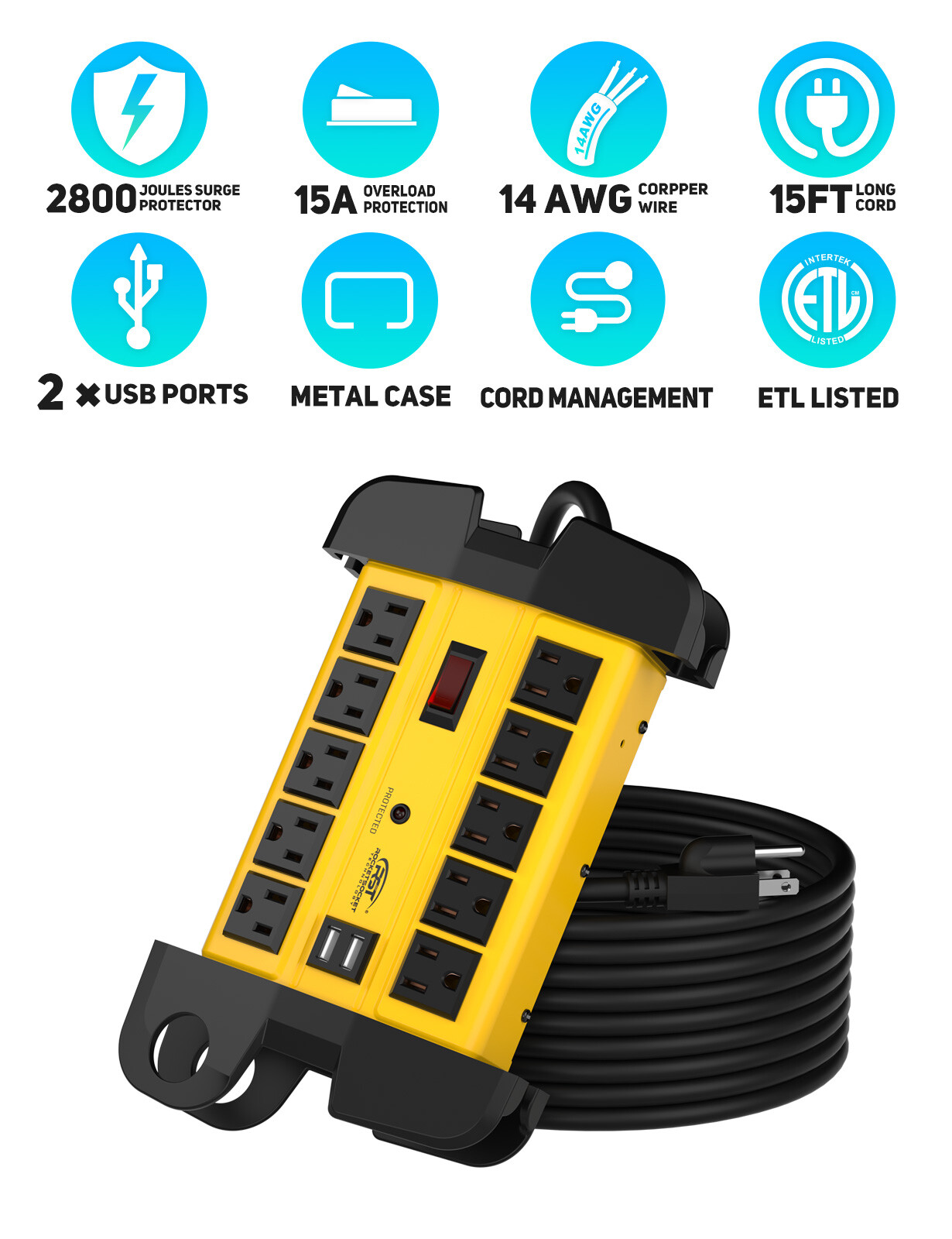 CRST 10-Outlet Heavy Duty Power Strip Surge Protector 6FT Extension Power Cord