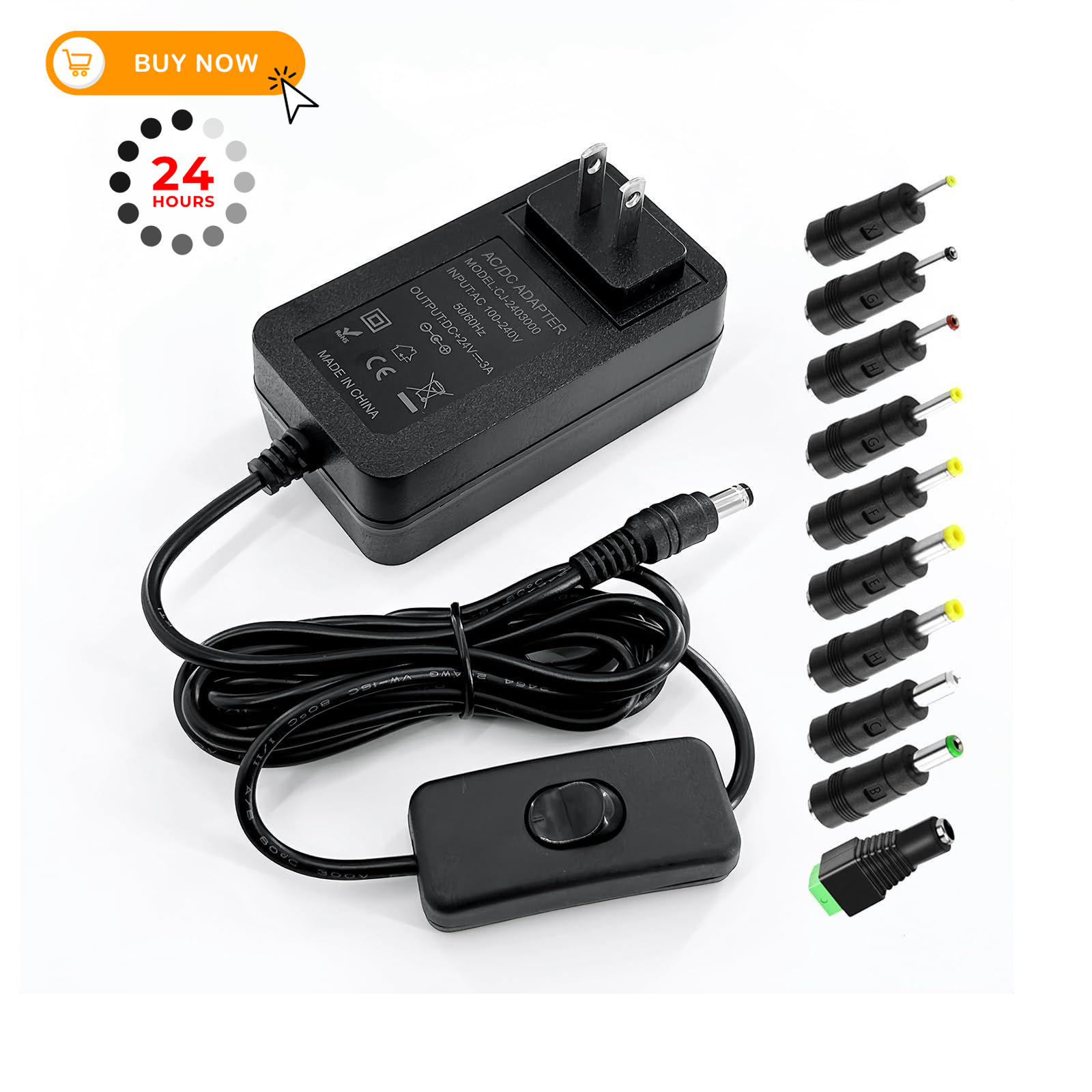 24V 3A Power Supply AC Adapter DC 3.9in(L) x 1.9in(W) x 1.3in (H), Black