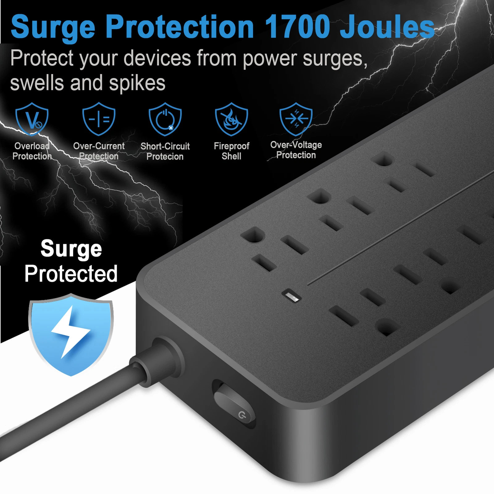 US Power Strip Surge Protector 8 AC Outlets 3 USB Ports + Type C Port 4 FT Cable