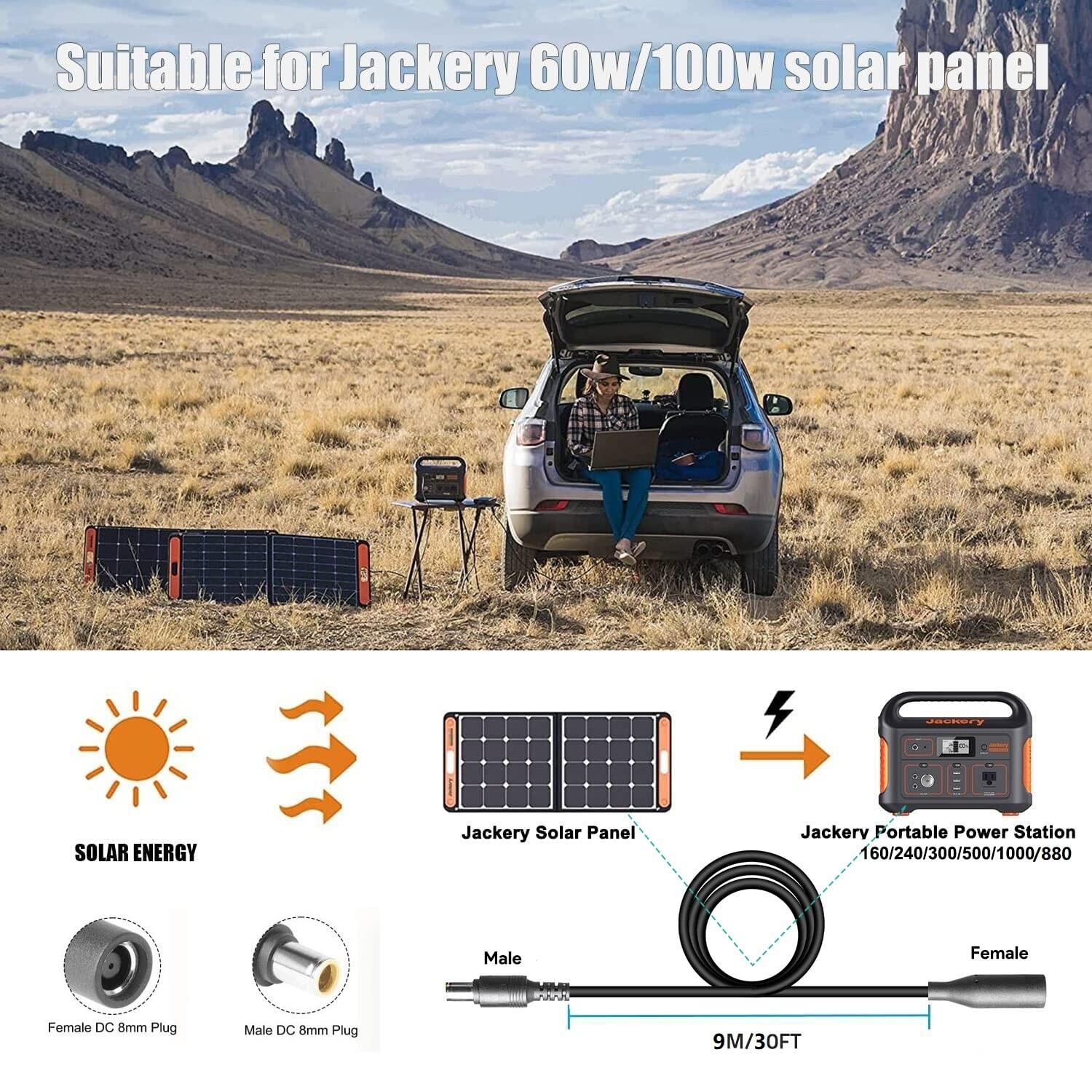 30Ft Jackery Extension Cable 14AWG 8Mm Solar Panel Extension Cable 8Mm DC Power