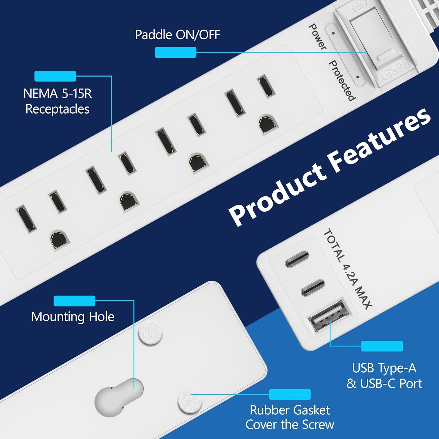 Sleek 4-Outlet & USB Type-C Extender – 1500 Joules Surge Protection, 5ft Cord