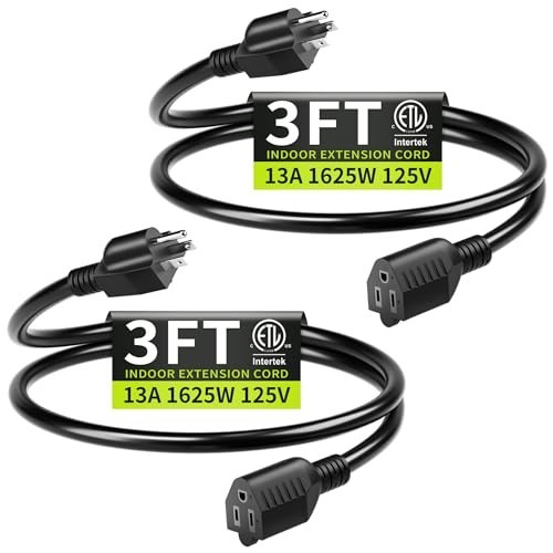 3FT 2Pack 13A 125V 1625W ETL Listed, 16/3 Indoor Extension Cord Black, Short …
