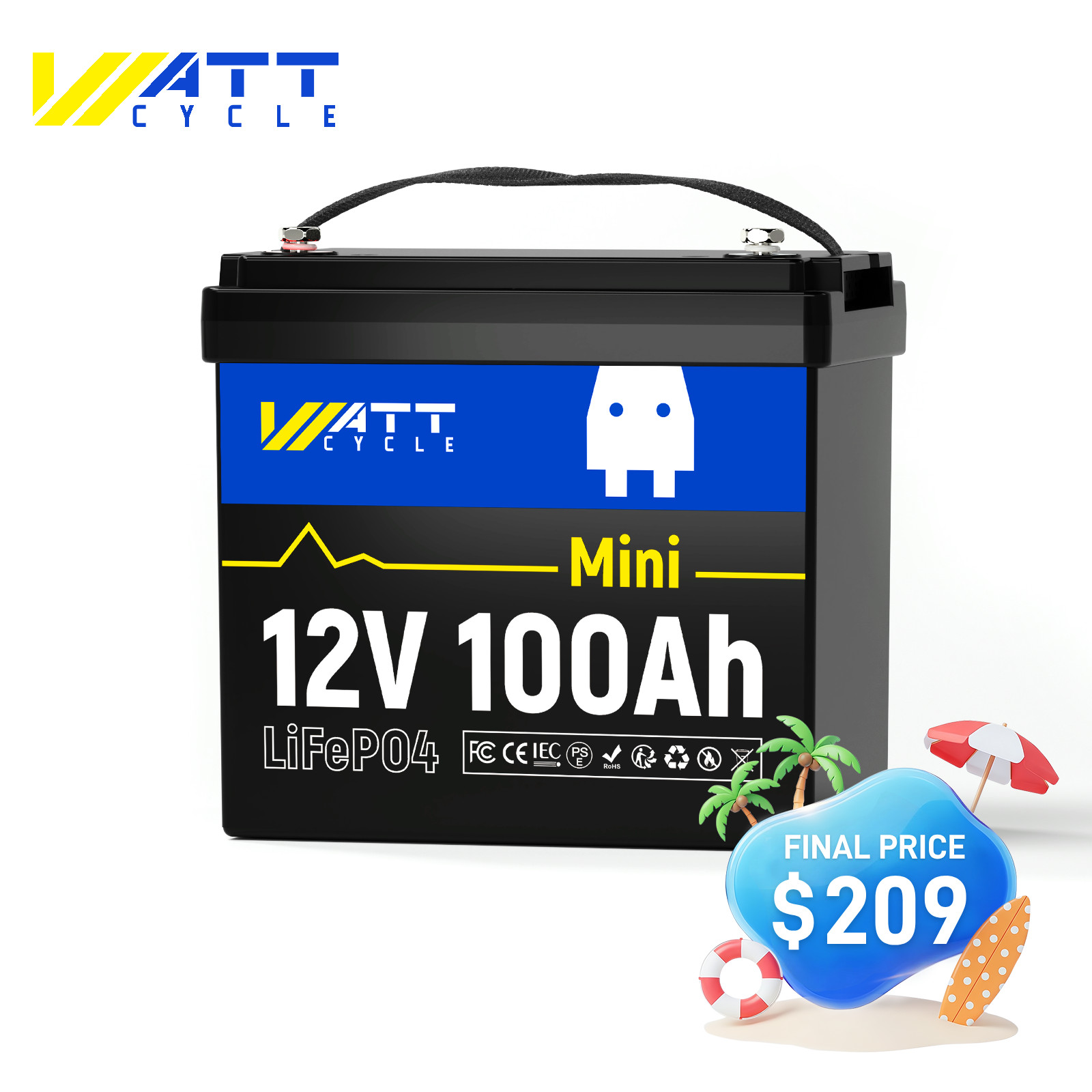 WattCycle 12V 14.8V 100Ah Lithium Mini Battery Built-in BMS Deep Cycle RV Solar