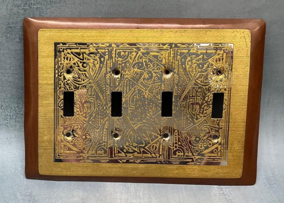 Copper and Brass Etched Light Switch Plate Cover 4 Toggle Quad Artist Signed