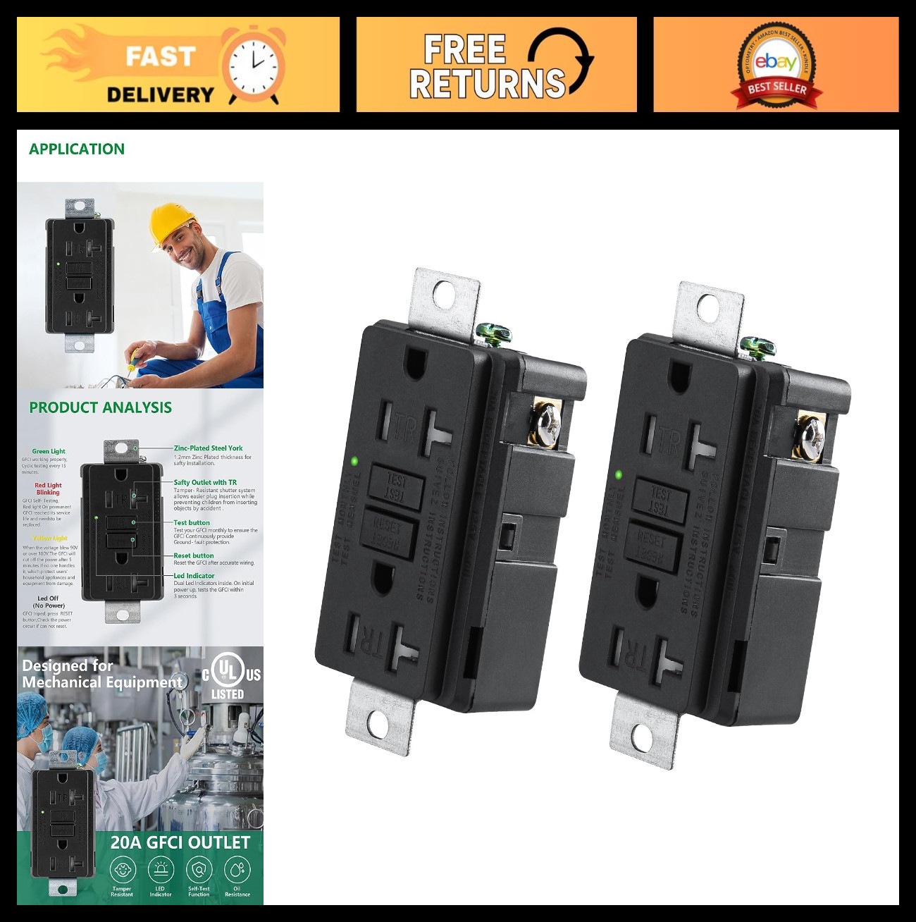 Industrial Grade GFCI Outlet 20A 125V Self-Test for Generators & Machines (2-Pac