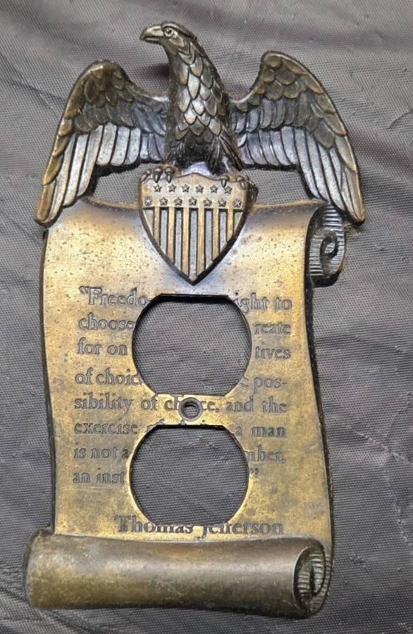 Vintage 1967 Brass Outlet cover Plate made by M.C. Co. W/ Eagle, Antique