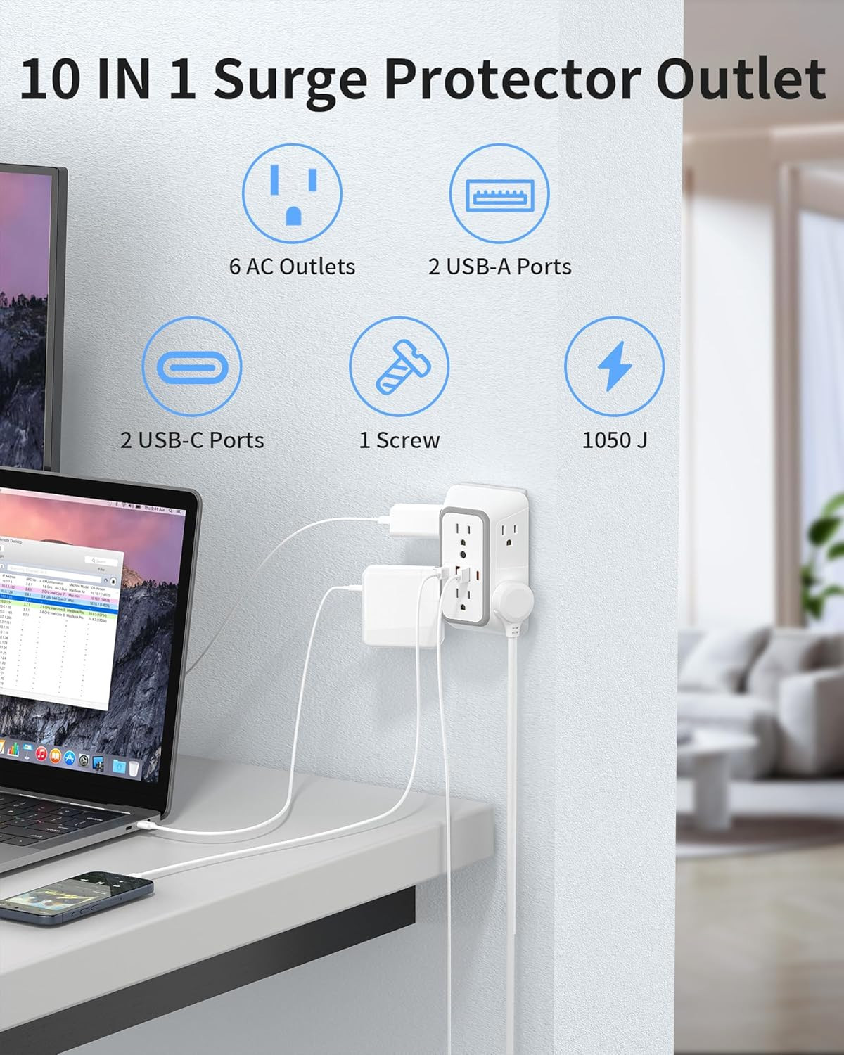 Outlet Extender, Multi Plug Wall Outlet with 6 AC Outlets and 4 USB Ports(2 USB