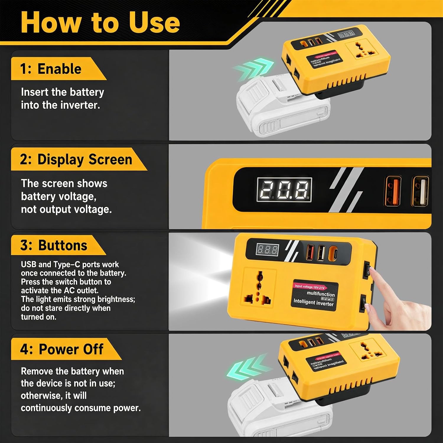 20V to 110V Power Inverter for DeWalt Battery Camp Outage Light USB charge Phone