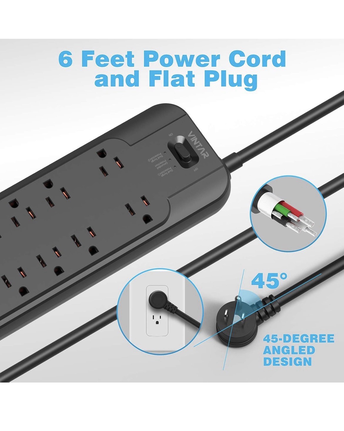 VINTAR Power Strip Surge Protector (2 × 4800 Joules) with 12 AC Outlets,1875W