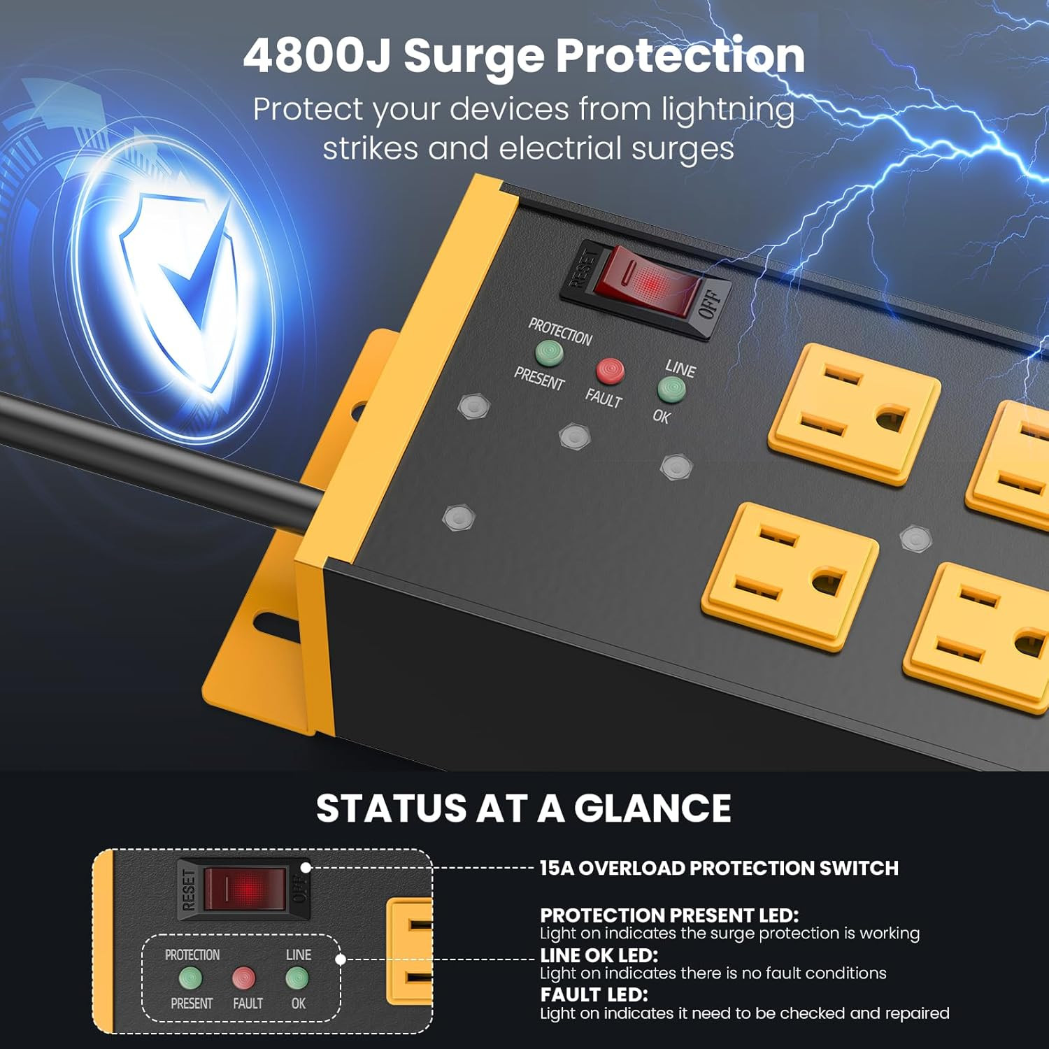 Heavy Duty Power Strip Surge Protector 4800J, 6 Outlets with EMI/RFI Filtering a