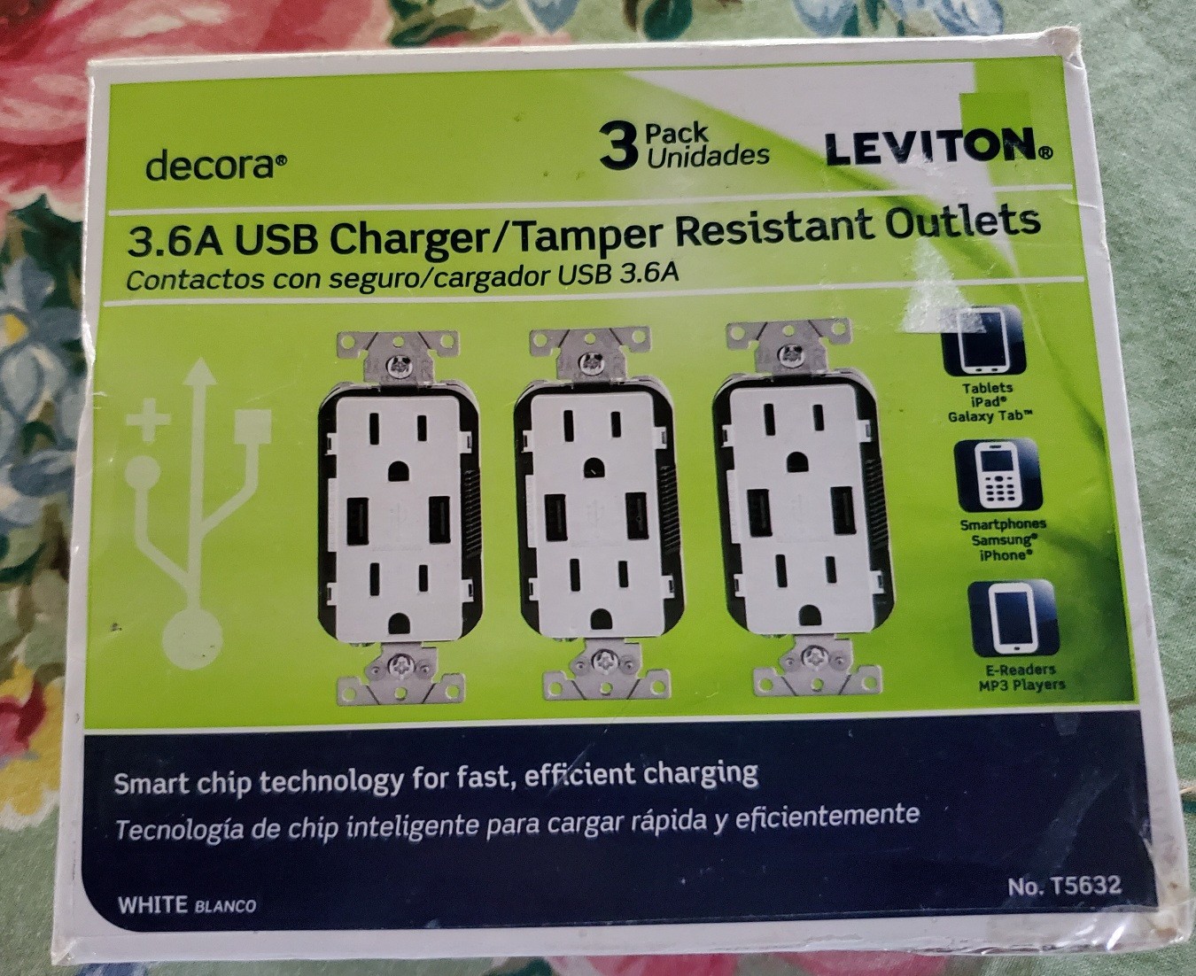 Leviton decora 3-Pack 3.6A USB Charger/Tamper Resistant Outlets – White – New