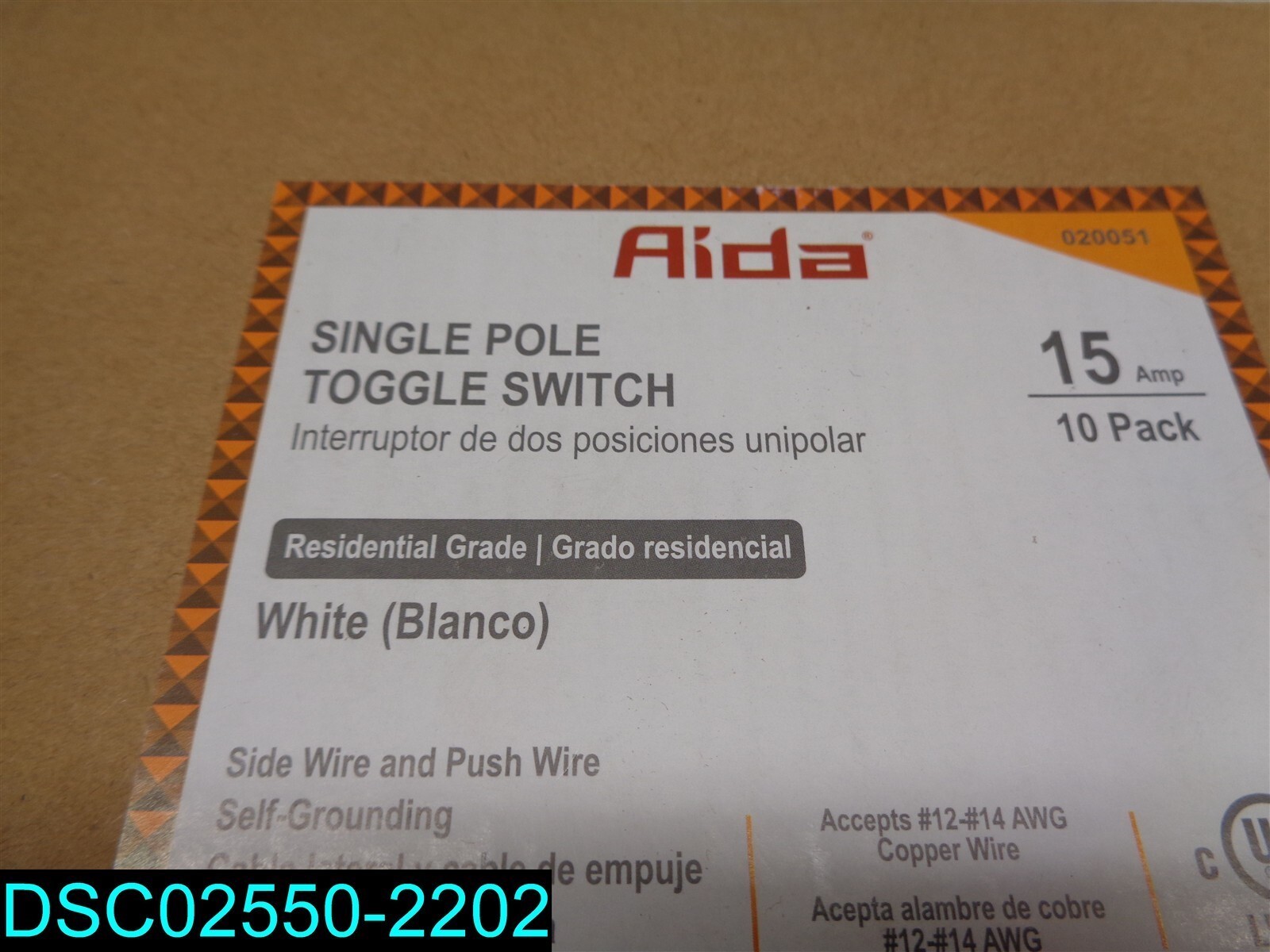 QTY=10: AIDA 15 Amp Toggle Light Switch Single Pole Grounding Screw Residential