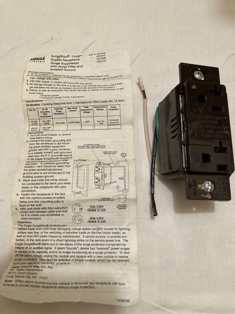 MADE IN USA – EAGLE ELECTRIC DUPLEX RECEPTACLE SURGE SUPPRESSOR /ISOLATED GROUND
