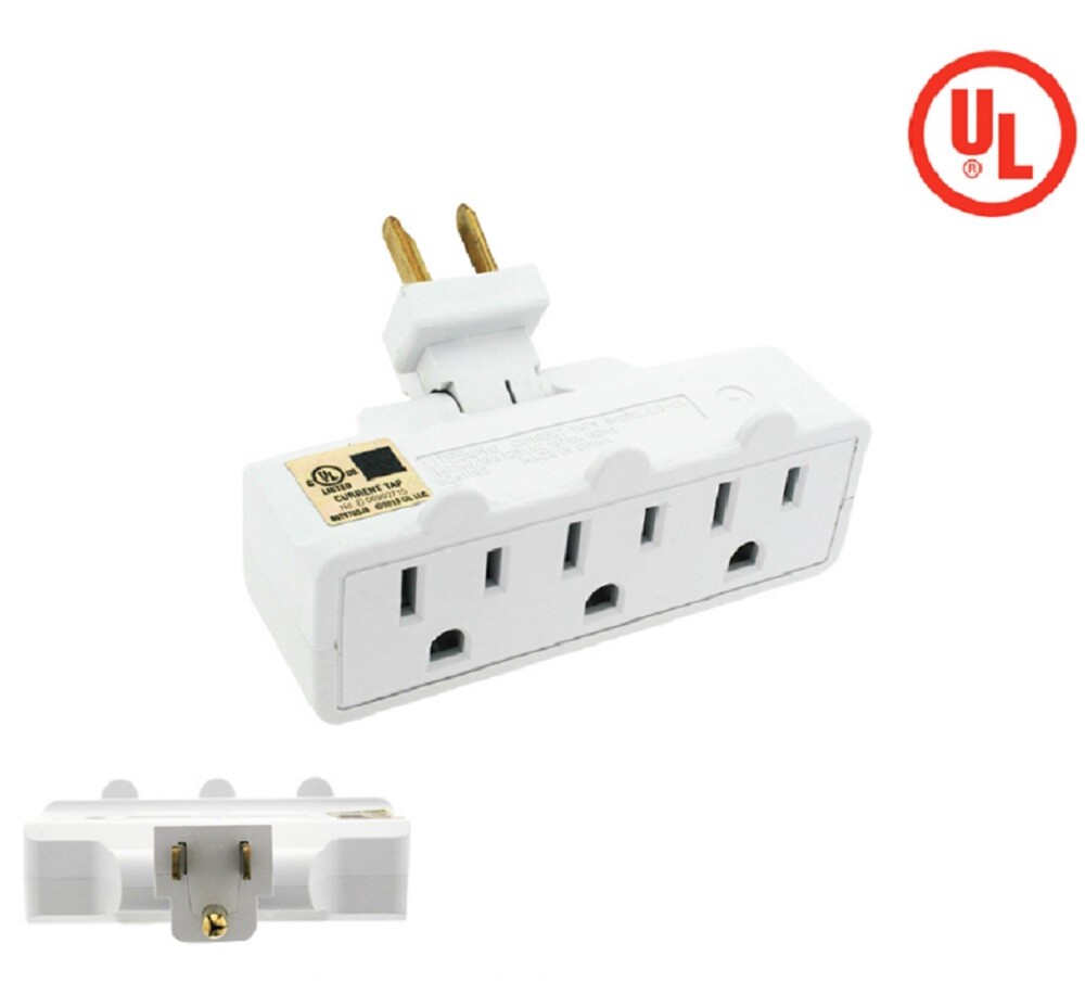 WHITE 3 Outlet Swivel Electrical Power Grounded Wall Three Socket Tap Adapter
