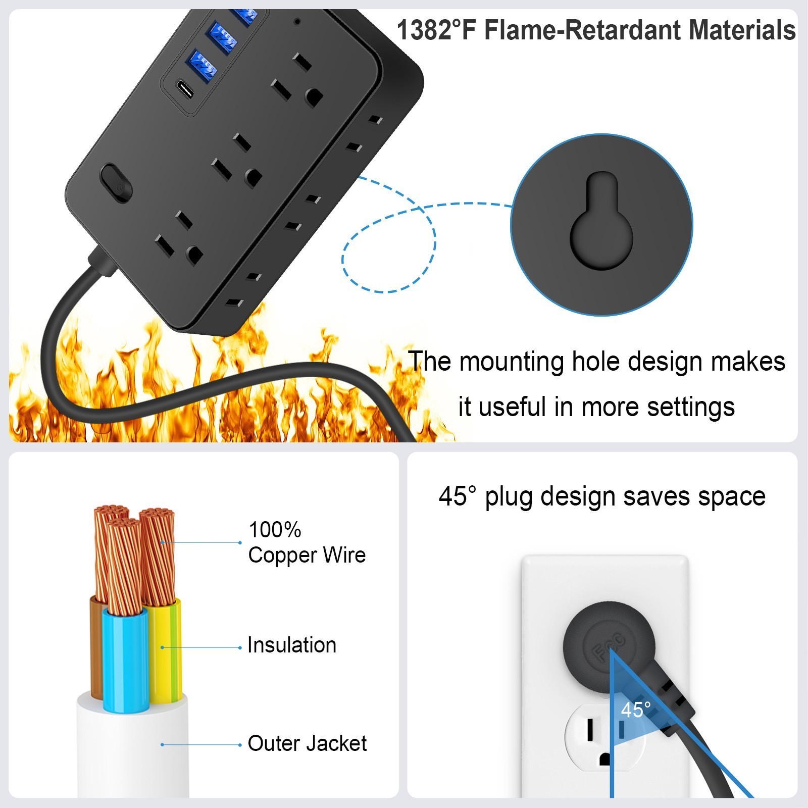 10-in-1 travel Power Strip 6 AC Outlets 4 USB Ports 3.9ft Extension Cord US Plug