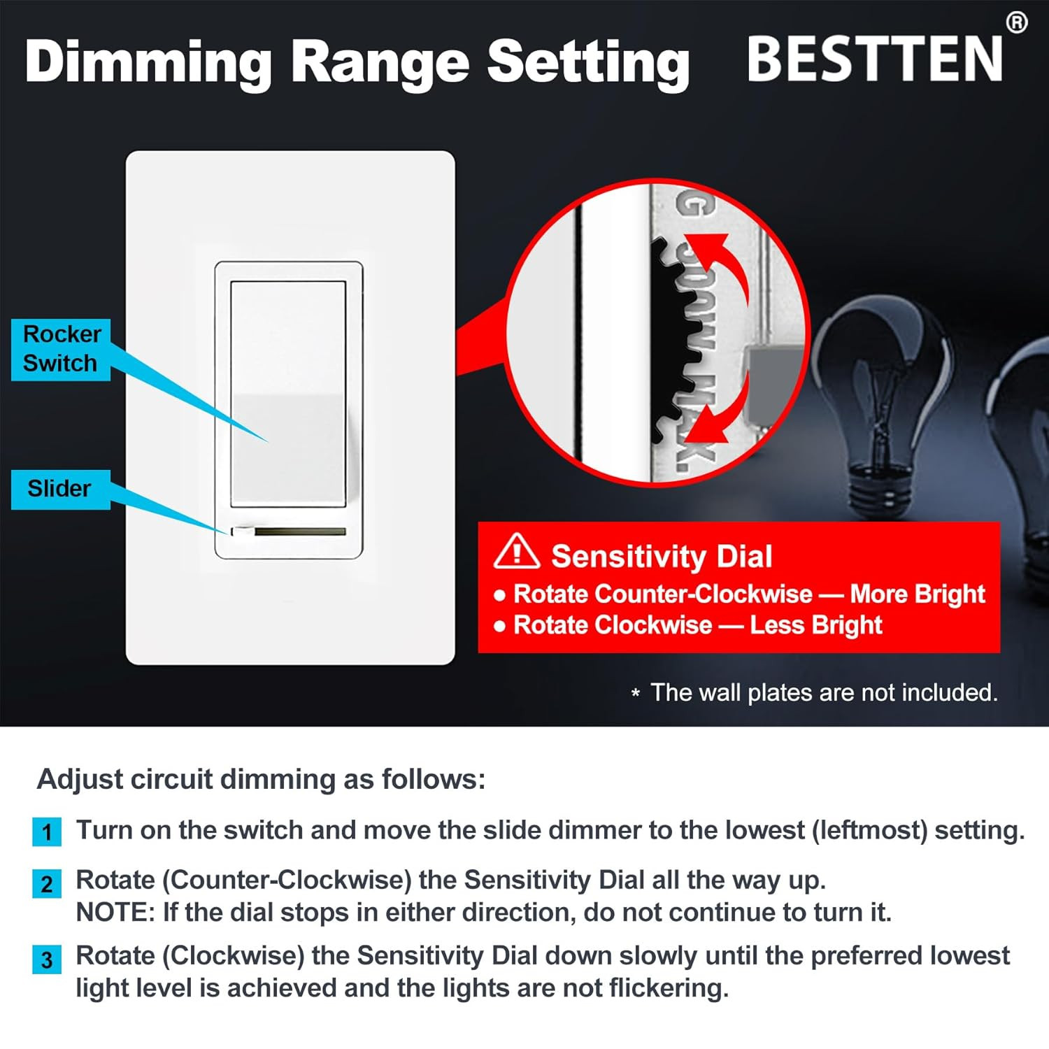 5 Pack Dimmer Light Switch, Single Pole or 3-Way, Compatible with Dimmable LED,
