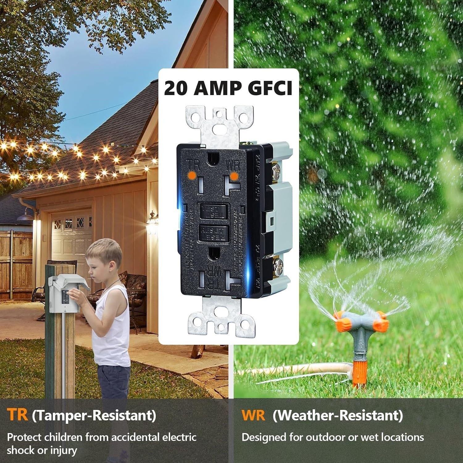 Outdoor Electrical Outlet Box, Dual 20 AMP WRTR GFCI Receptacles, Rainproof 3R