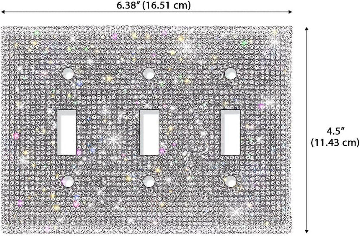 Silver Shiny Sparkle Bling Crystal Rhinestones Wall Plate Cover, 3-Gang Toggle L