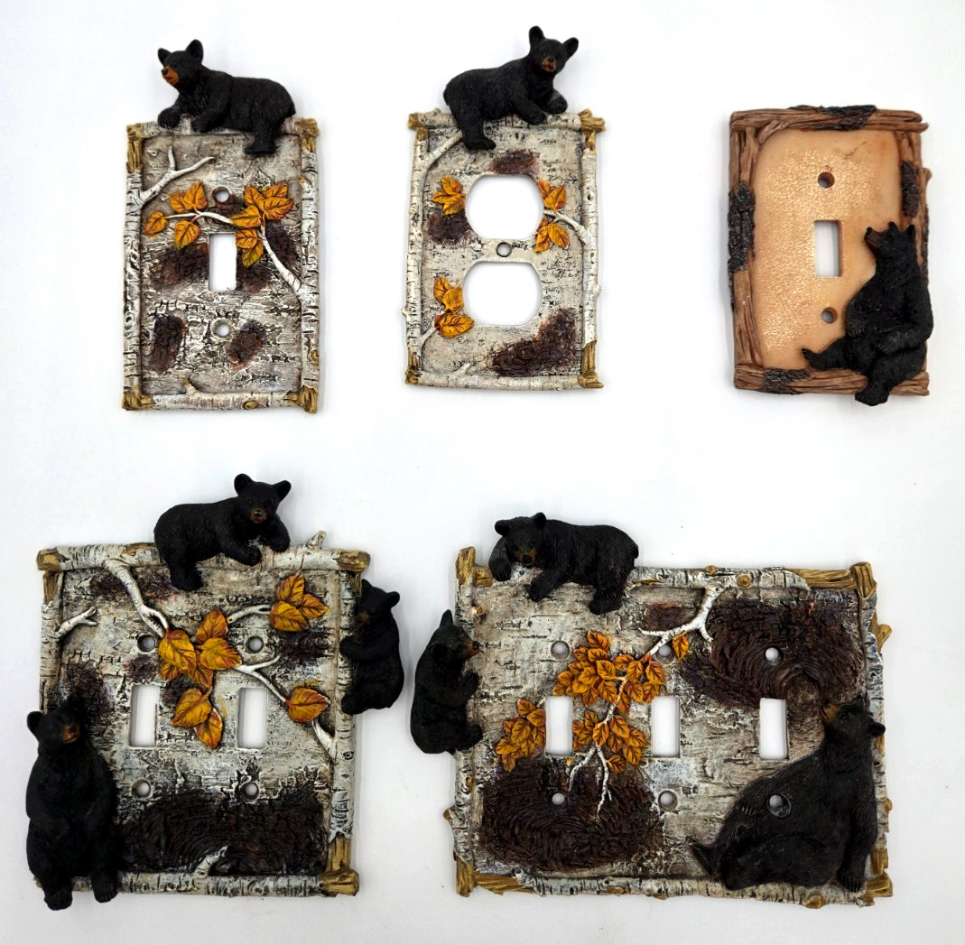 Black Bear Cub Birch Bark Duplex Outlet Wall Plate Cover Rustic Poly Resin