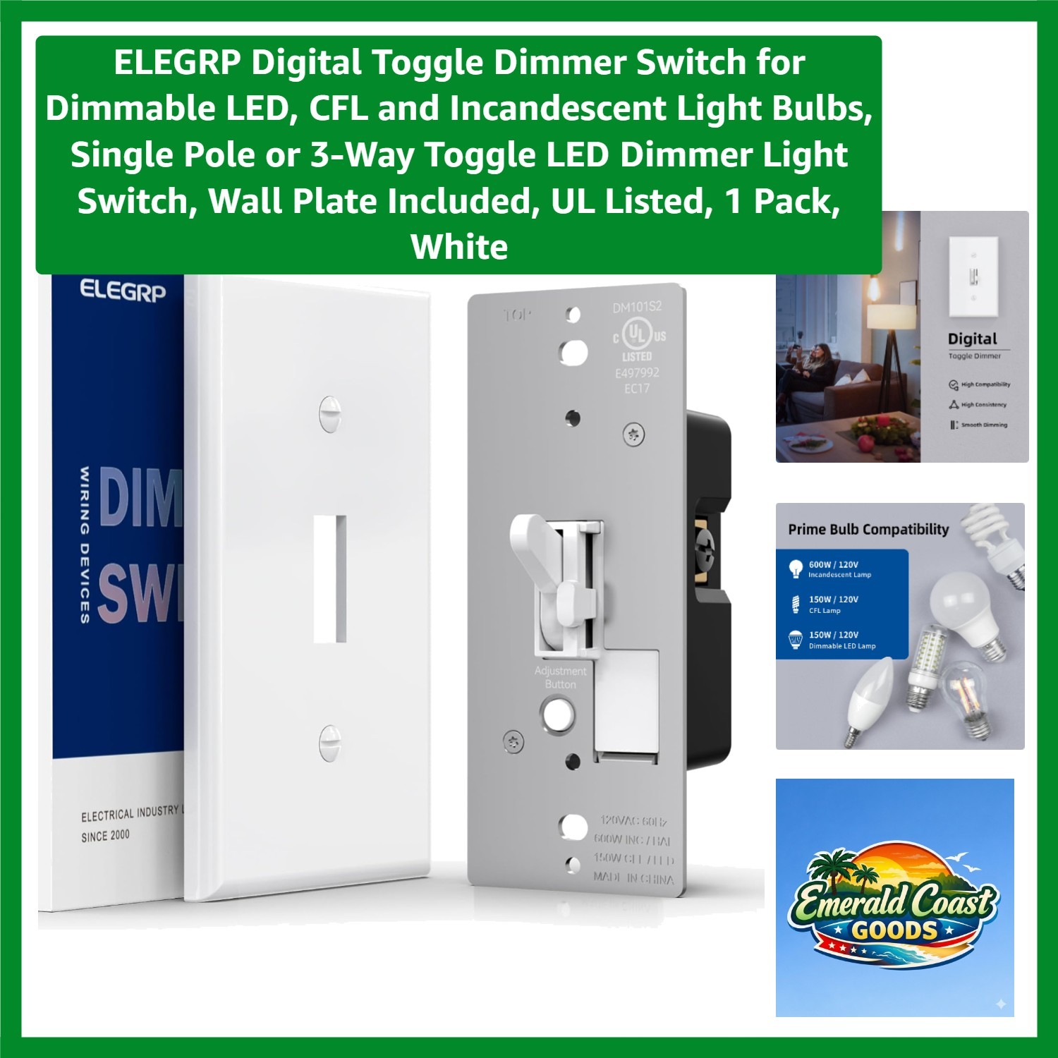 Digital Toggle Dimmer Switch for Dimmable LED, CFL and Incandescent Light Bul…