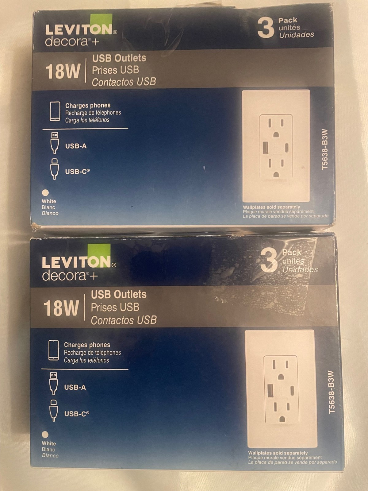 SIX LEVITON OUTLETS T5638-B3W Tamper-Resistant 18W USB-A & USB-C Duplex