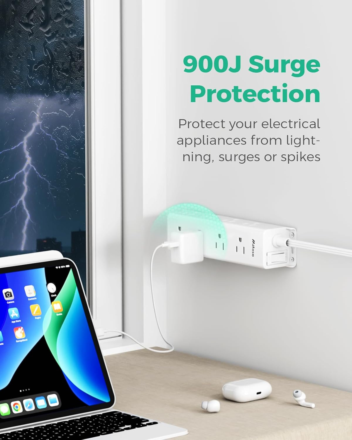 Surge Protector Power Strip – 12 Widely Spaced Multi Outlets, Wall Mount, 3 Side
