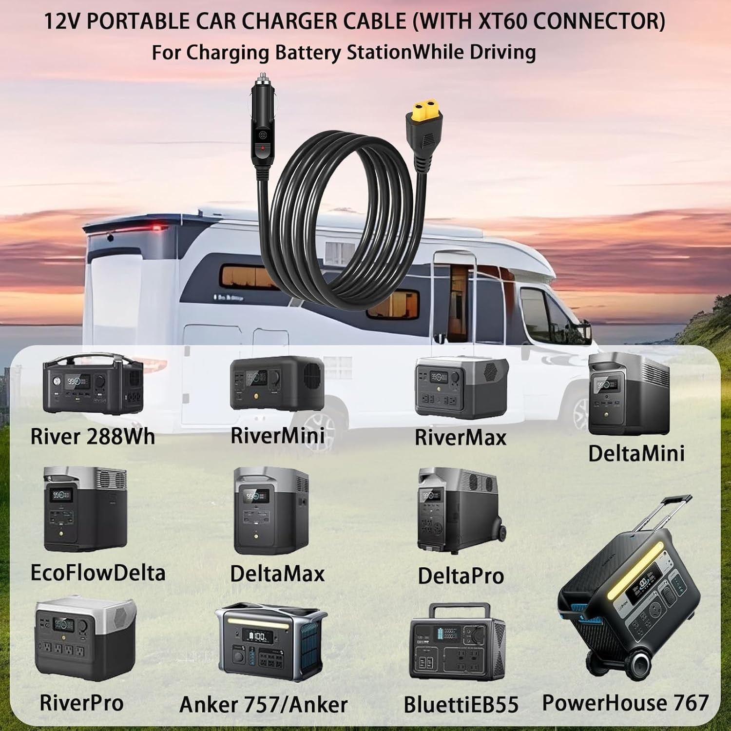 10-Foot Portable12V/24V car Charger Suitable for Ecoflow Delta/River, Bluetti EB