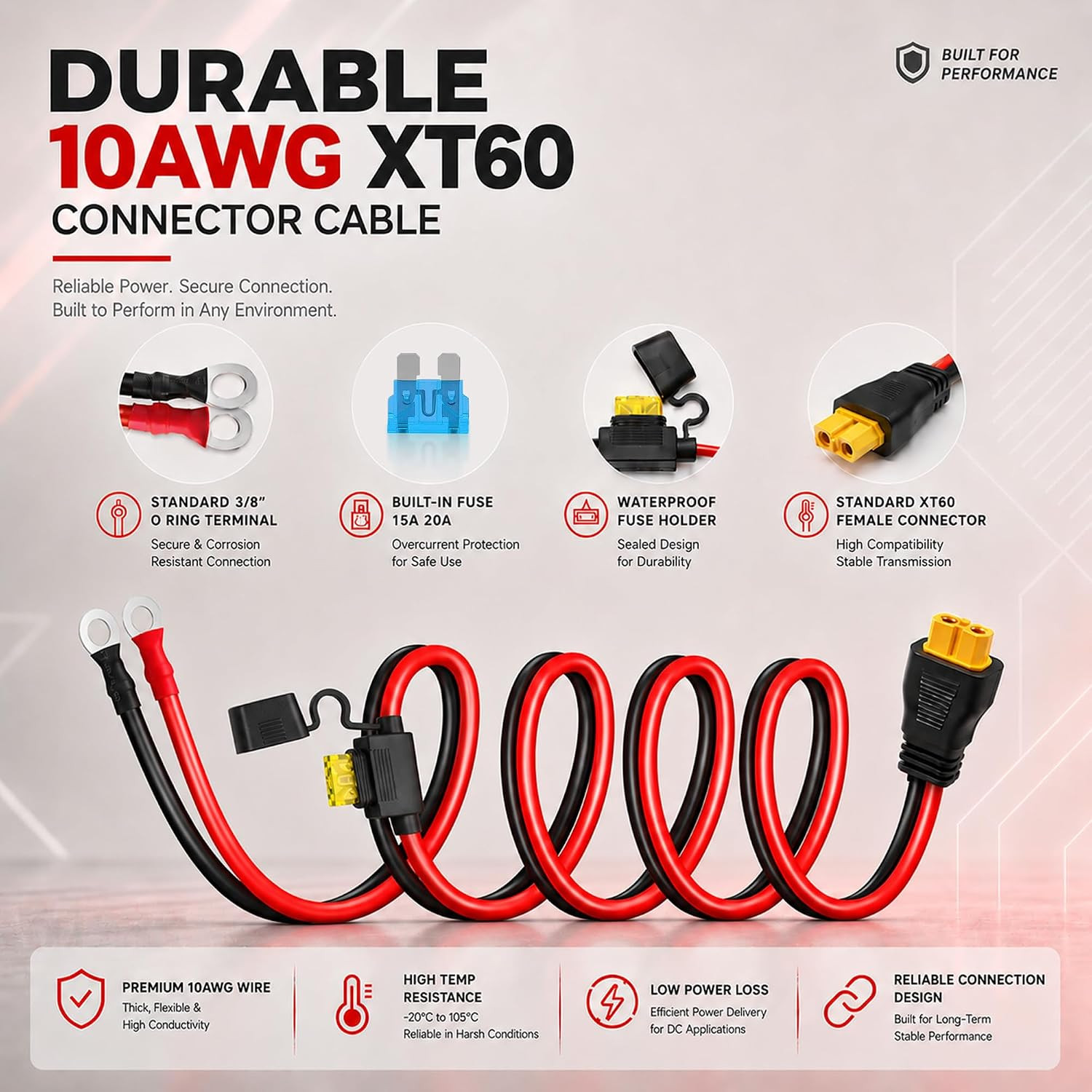 XT60 to O Ring Terminal Cable, 10AWG XT60 Connector Cable with Inline Fuse 15…