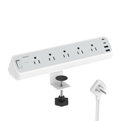 Desk Clamp Power Strip 10 Ft with 2100J Surge Protector, Gray | 5 10 FT Grey