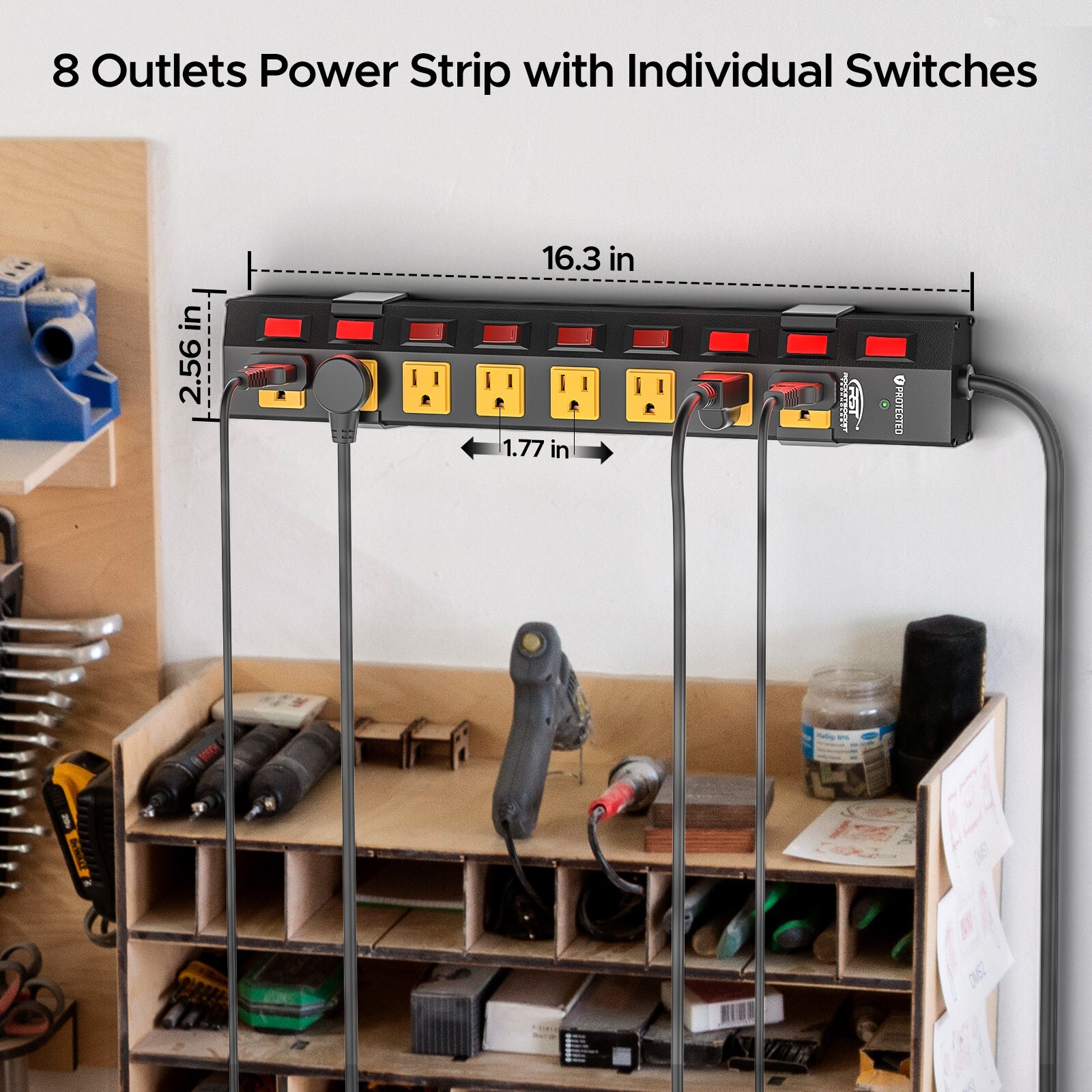 CRST 8 Outlet Heavy Duty Power Strip with Individual Switches, Metal Power Strip